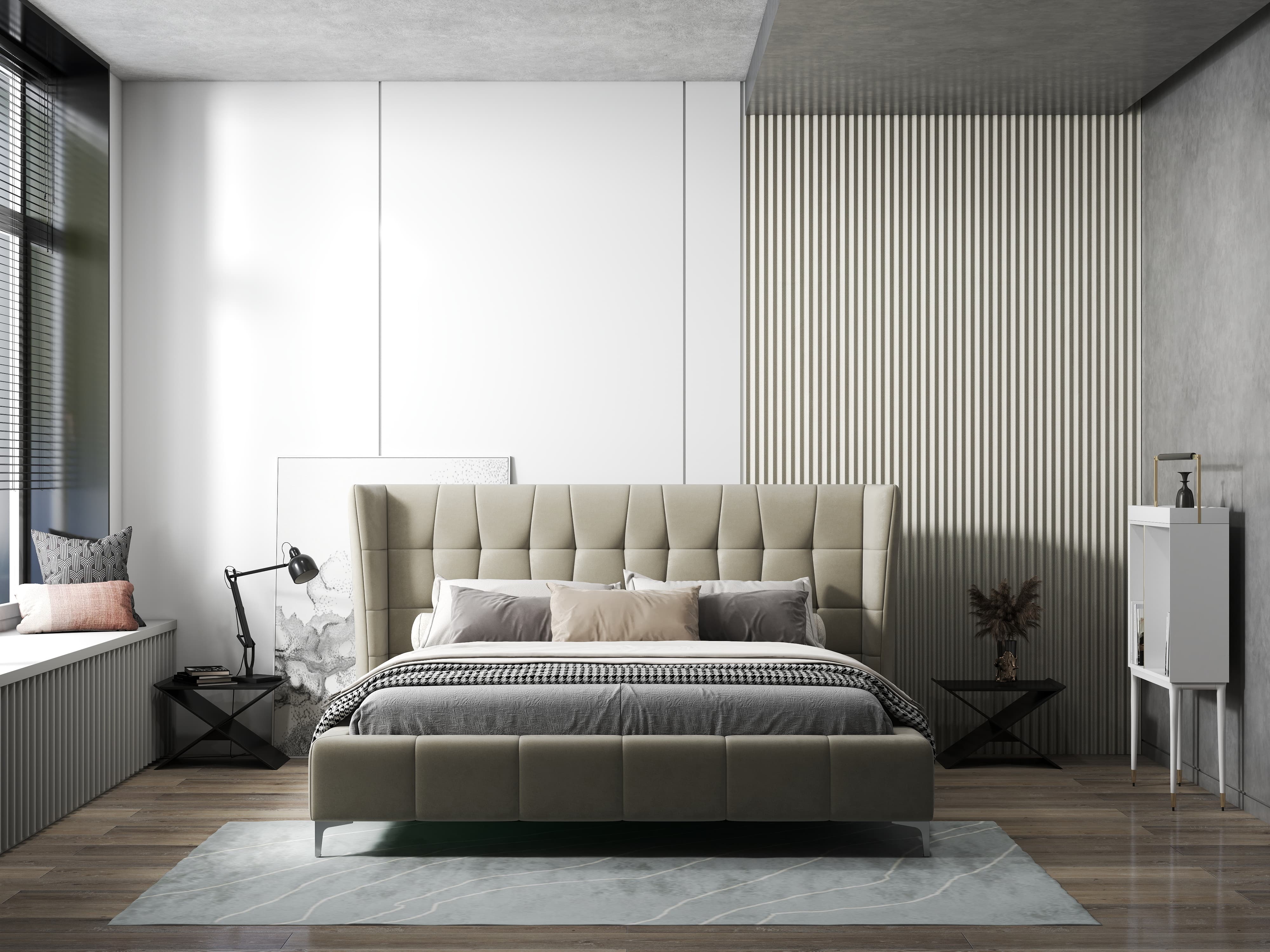 Pat dormitor dumonde, tapitat bej, Bellagio 180x200 cm, somiera fixa inclusa WLS