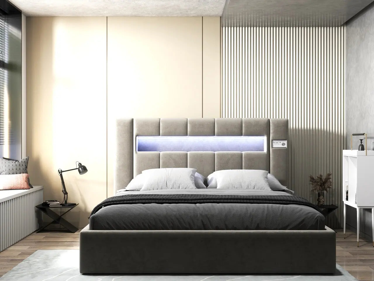 Pat dormitor dumonde, tapitat bej, Glow 180x200 cm, somiera rabatabila inclusa, spatiu depozitare WLS