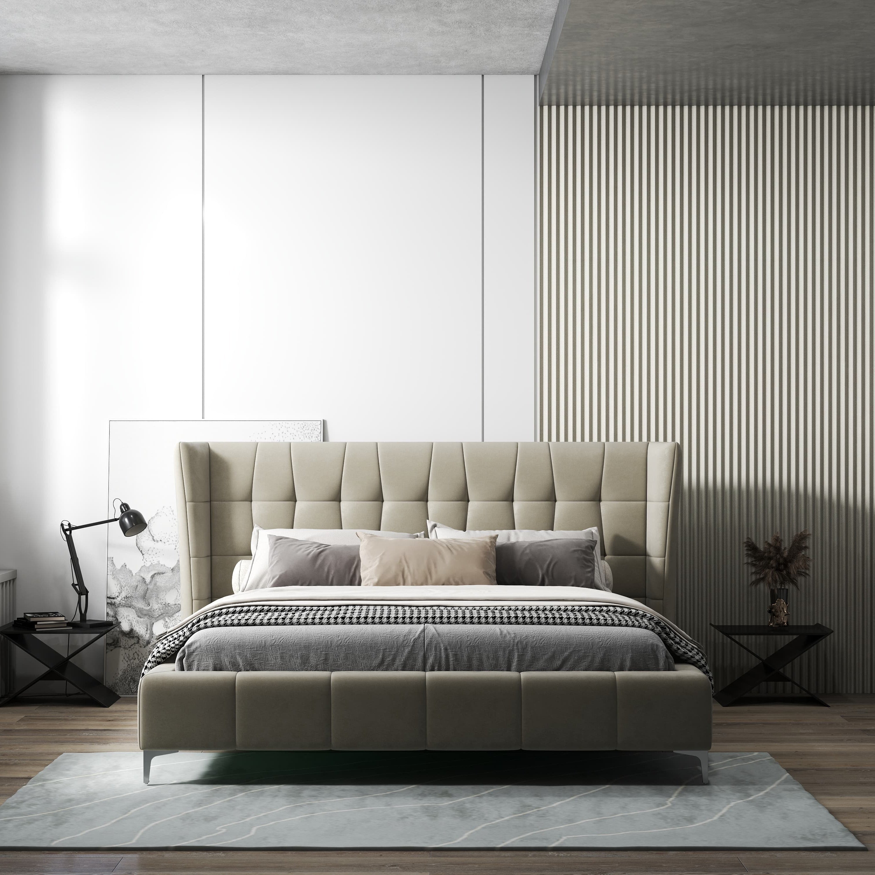 Pat dormitor dumonde, tapitat bej, Bellagio 160x200 cm, somiera fixa inclusa WLS