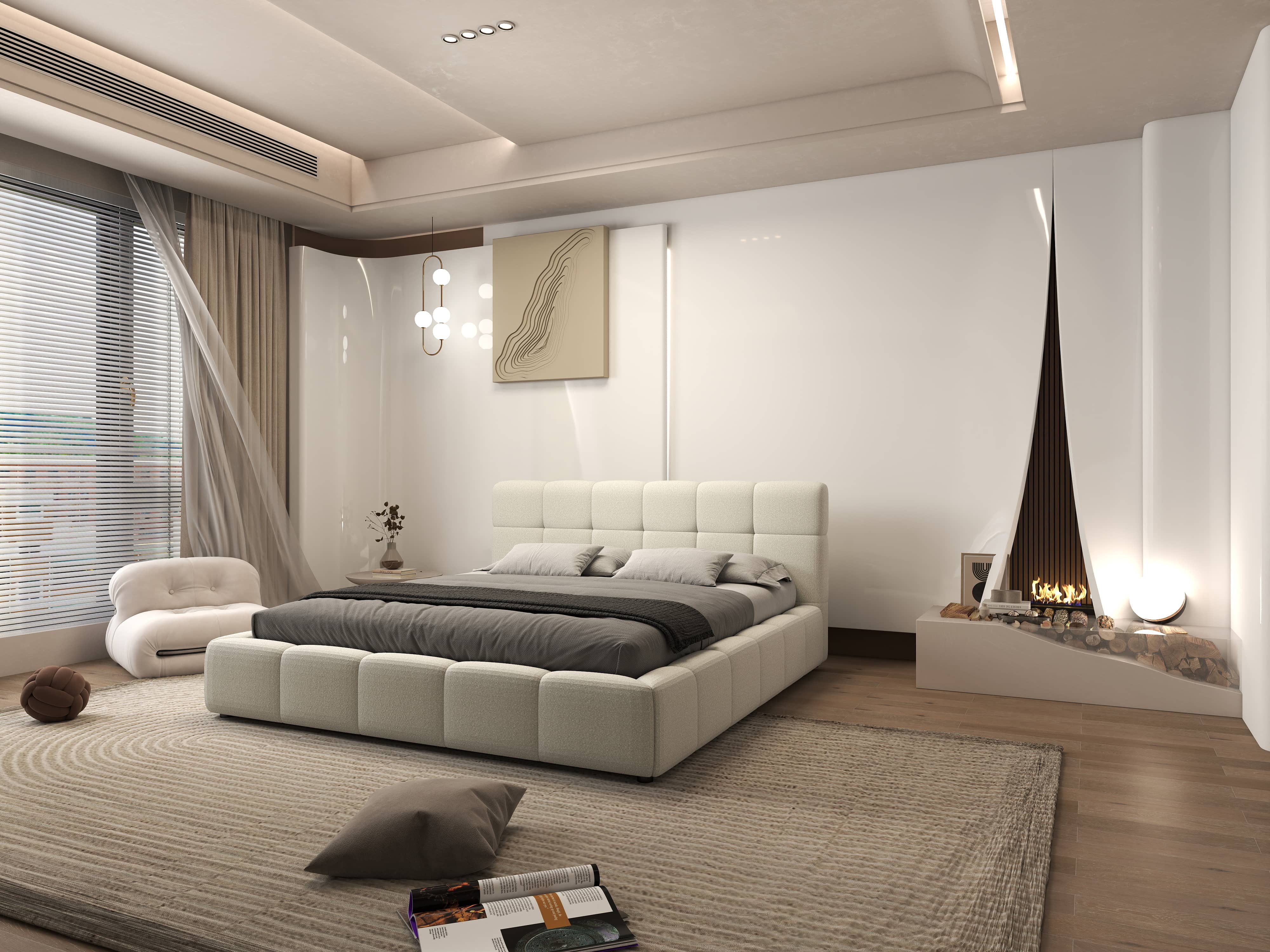 Pat dormitor dumonde, tapitat bej, Lorenzo 160x200 cm, somiera rabatabila inclusa, spatiu depozitare WLS