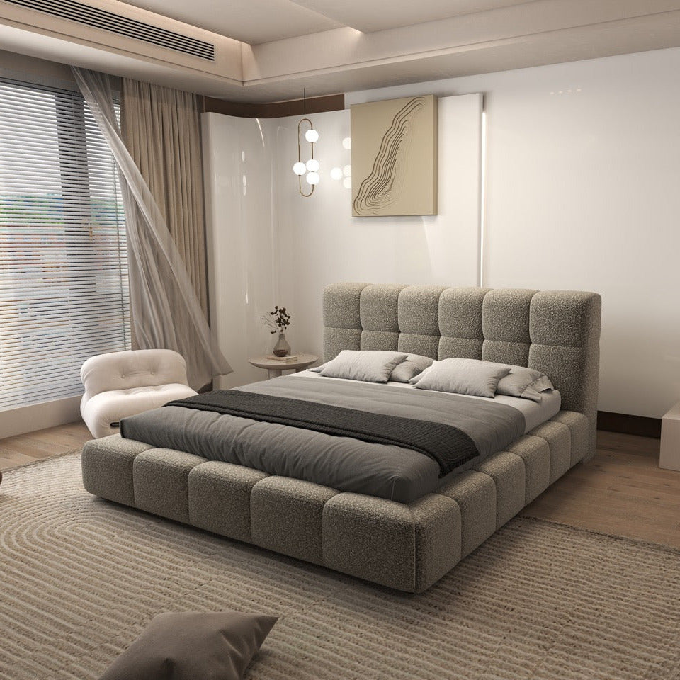 Pat dormitor dumonde, tapitat bej, Lorenzo 160x200 cm, somiera rabatabila inclusa, spatiu depozitare WLS