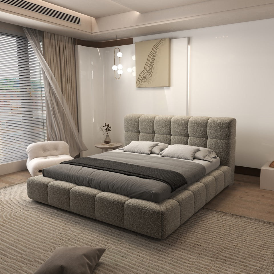 Pat dormitor dumonde, tapitat bej, Lorenzo 160x200 cm, somiera rabatabila inclusa, spatiu depozitare WLS