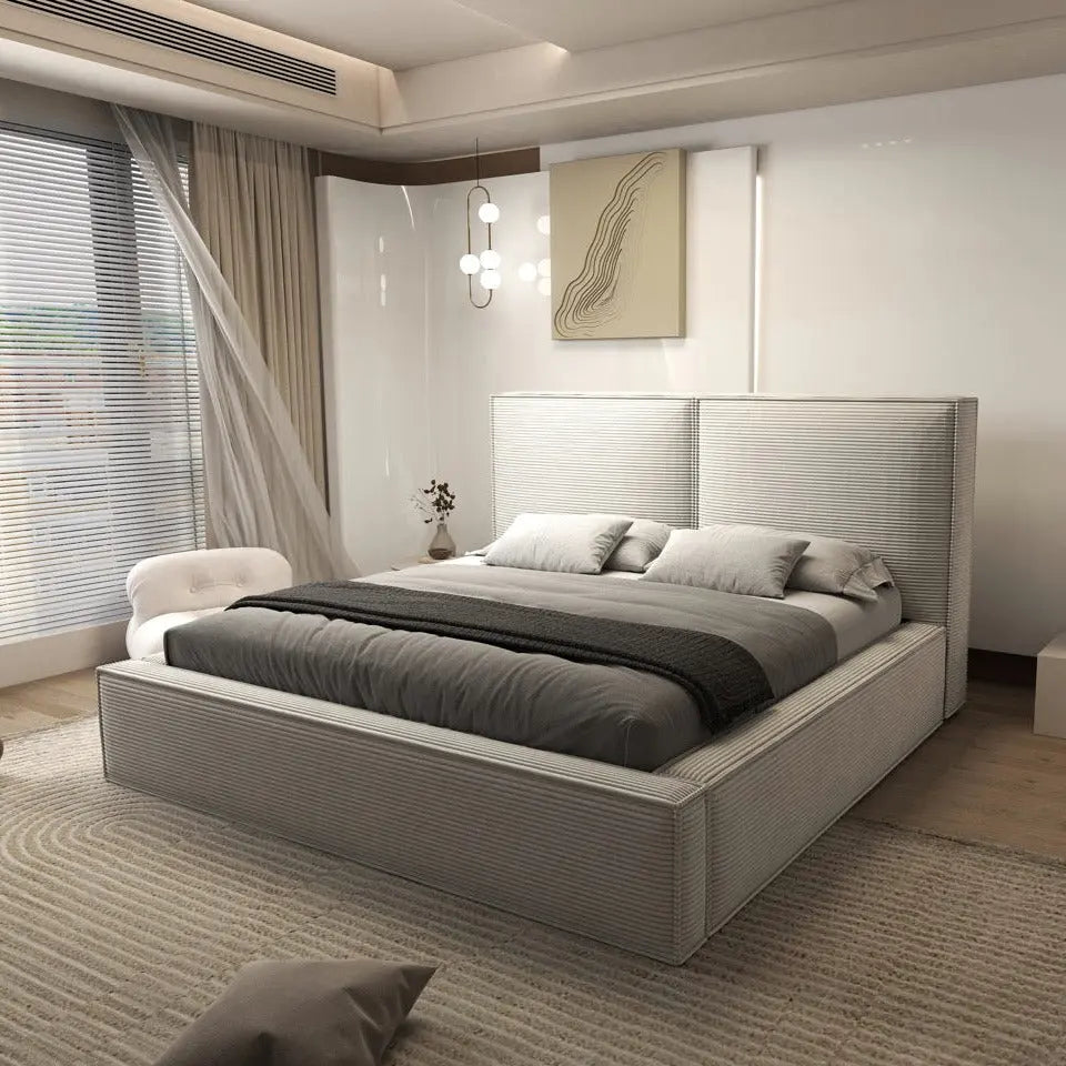 Pat dormitor dumonde, tapitat gri, Dreamer 180x200 cm, somiera rabatabila inclusa, spatiu depozitare WLS