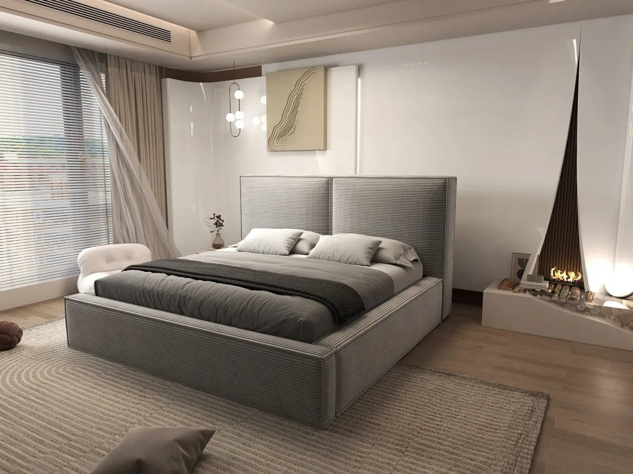 Pat dormitor dumonde, tapitat gri, Dreamer 160x200 cm, somiera rabatabila inclusa, spatiu depozitare WLS