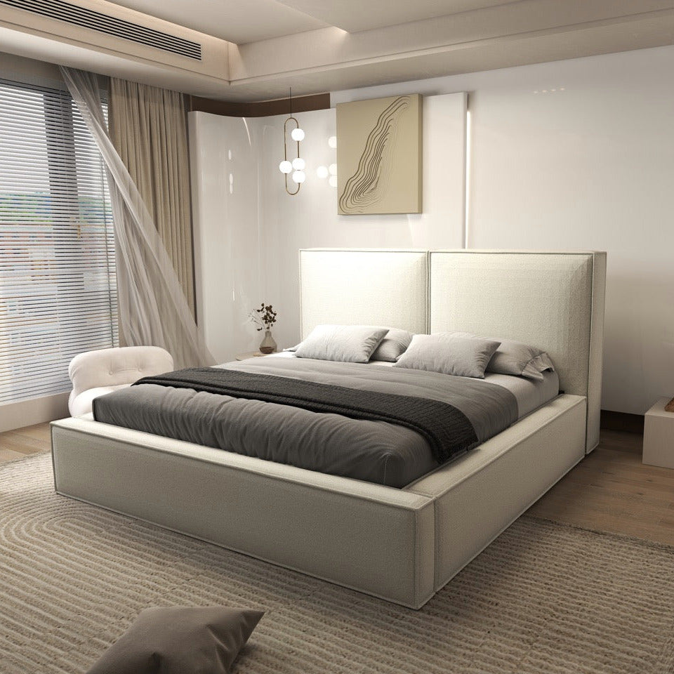 Pat dormitor dumonde, tapitat alb, Dreamer 160x200 cm, somiera rabatabila inclusa, spatiu depozitare