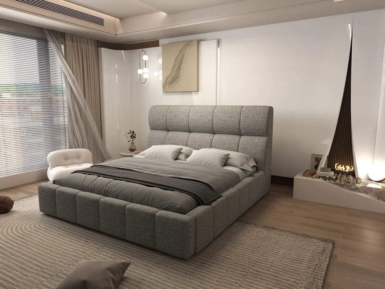 Pat dormitor dumonde, tapitat bej, Prestige 180x200 cm, somiera rabatabila inclusa, spatiu depozitare WLS