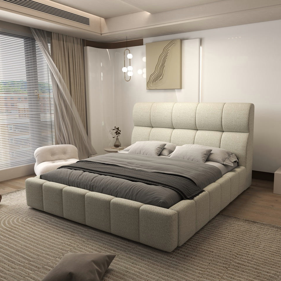 Pat dormitor dumonde, tapitat bej, Prestige 180x200 cm, somiera rabatabila inclusa, spatiu depozitare