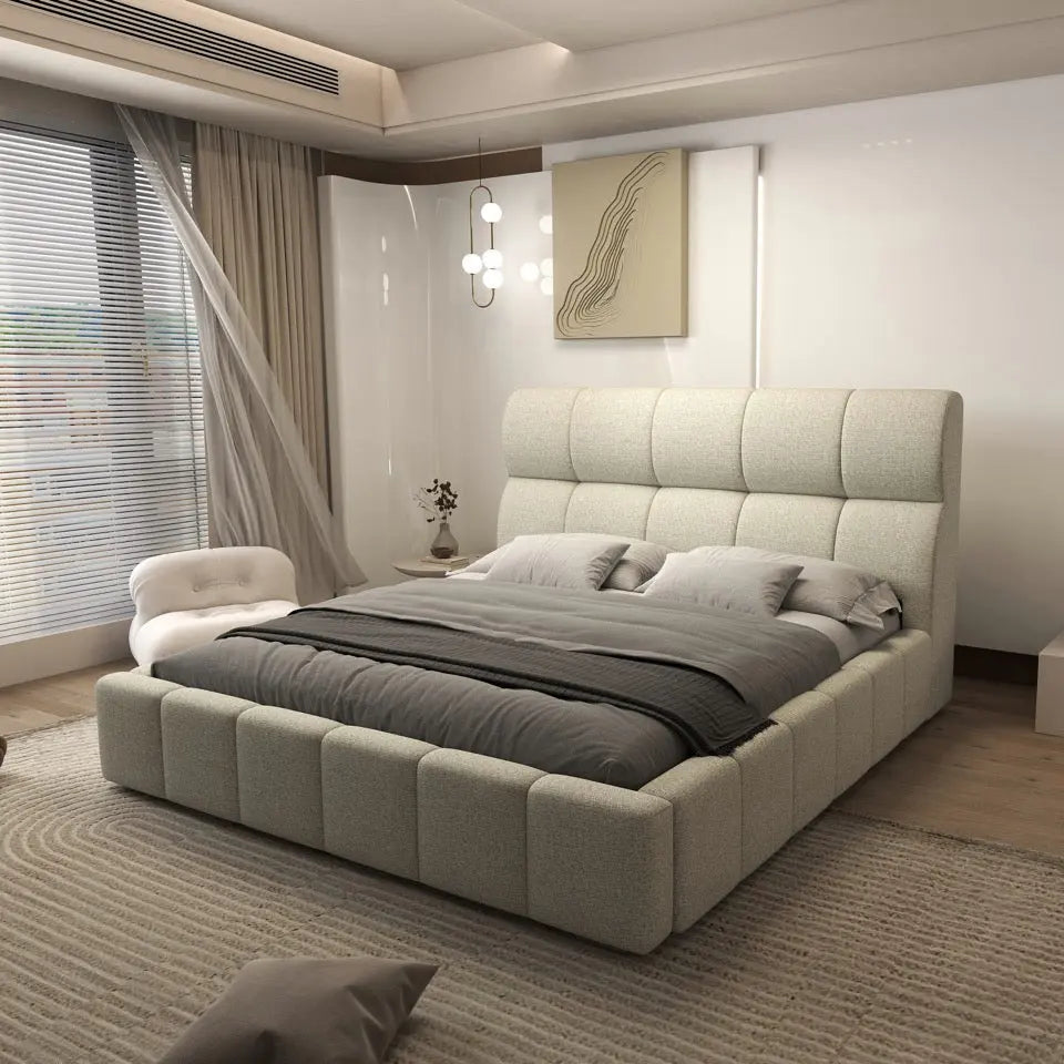 Pat dormitor dumonde, tapitat bej, Prestige 180x200 cm, somiera rabatabila inclusa, spatiu depozitare WLS