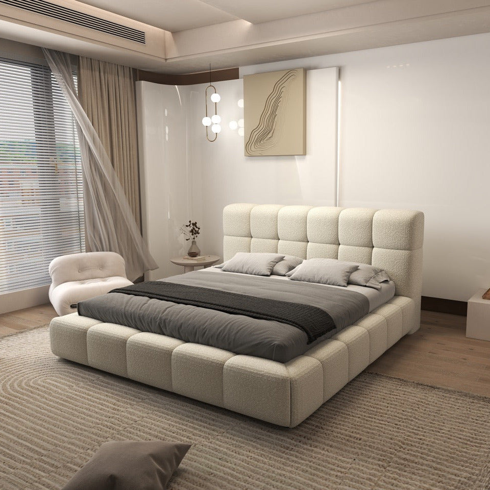 Pat dormitor dumonde, tapitat bej, Lorenzo 180x200 cm, somiera rabatabila inclusa, spatiu depozitare WLS