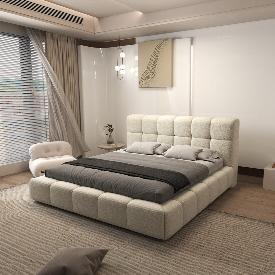 Pat dormitor dumonde, tapitat bej, Lorenzo 180x200 cm, somiera rabatabila inclusa, spatiu depozitare WLS