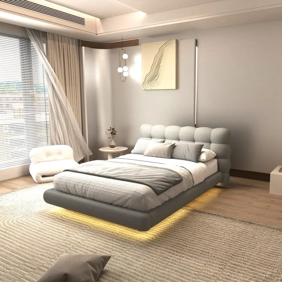 Pat dormitor dumonde, tapitat gri cu LED, "floating bed" Cloud 180x200 cm, somiera inclusa WLS
