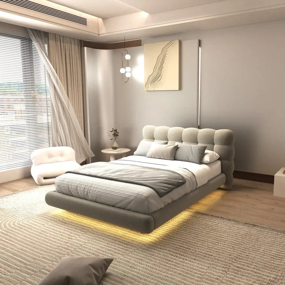 Pat dormitor dumonde, tapitat bej cu LED, "floating bed" Cloud 160x200 cm, somiera inclusa WLS