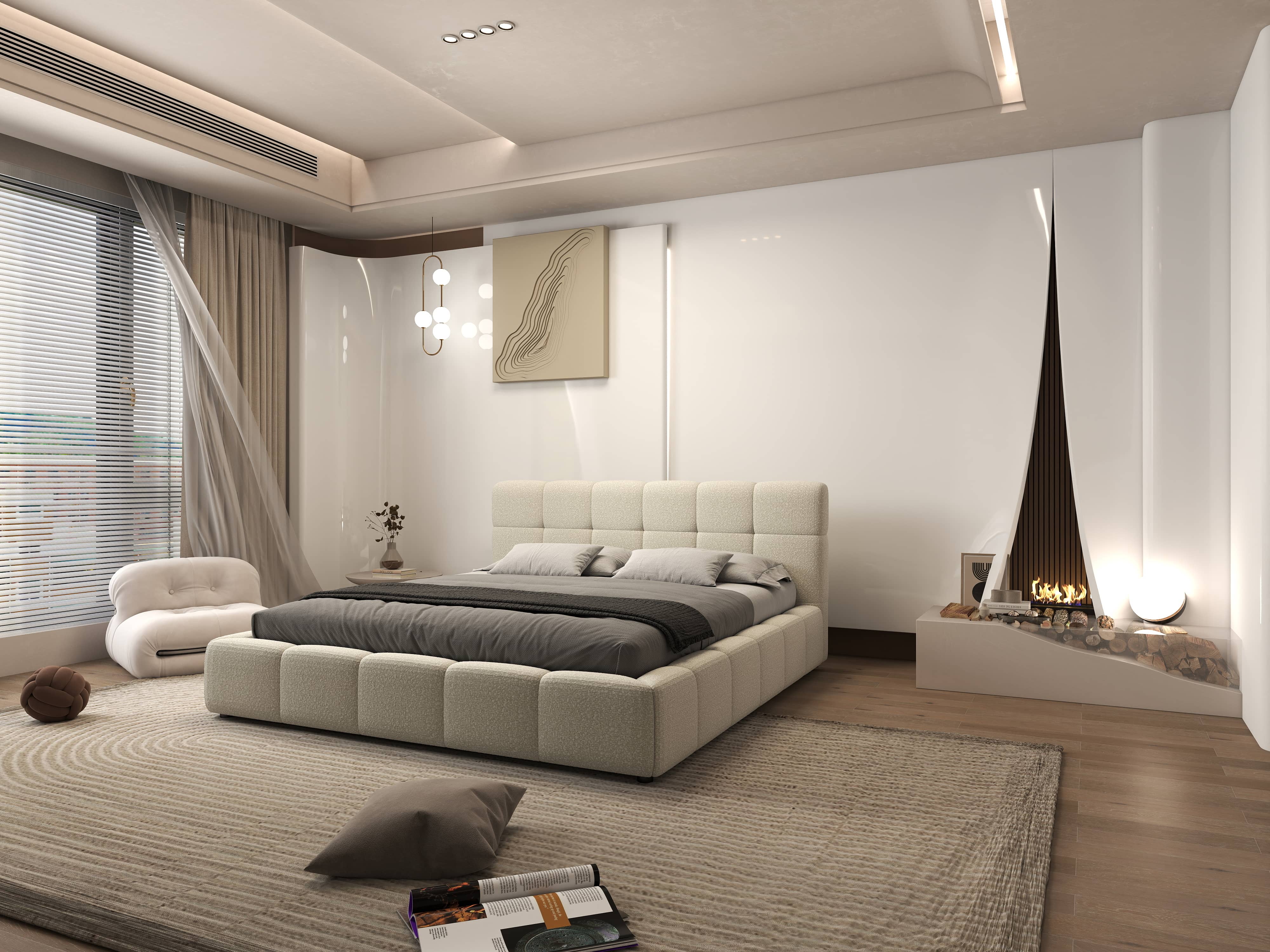 Pat dormitor dumonde, tapitat bej, Lorenzo 140x200 cm, somiera rabatabila inclusa, spatiu depozitare WLS