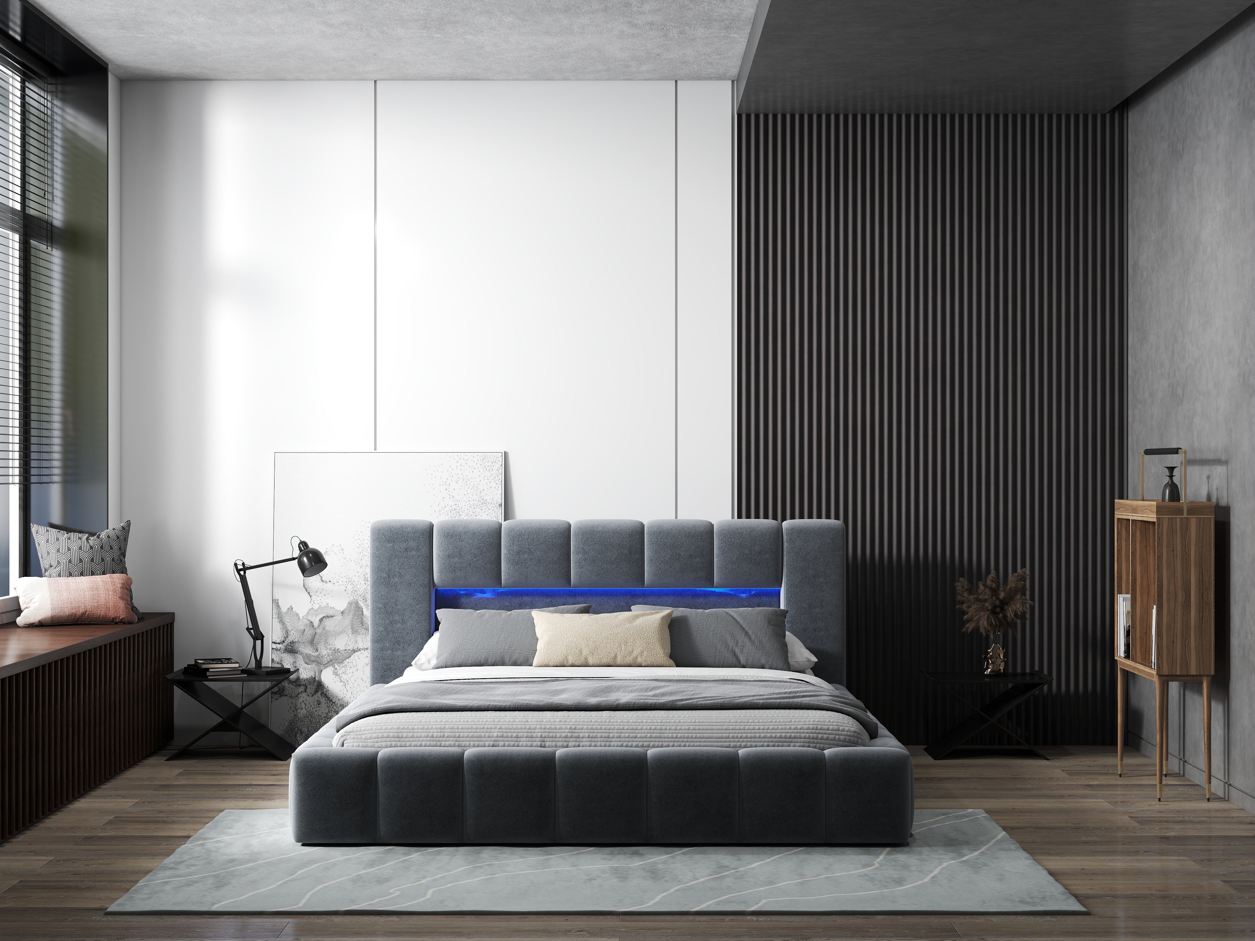 Pat dormitor dumonde, tapitat gri cu LED si USB, Palermo 140x200 cm, somiera rabatabila inclusa, spatiu depozitare WLS