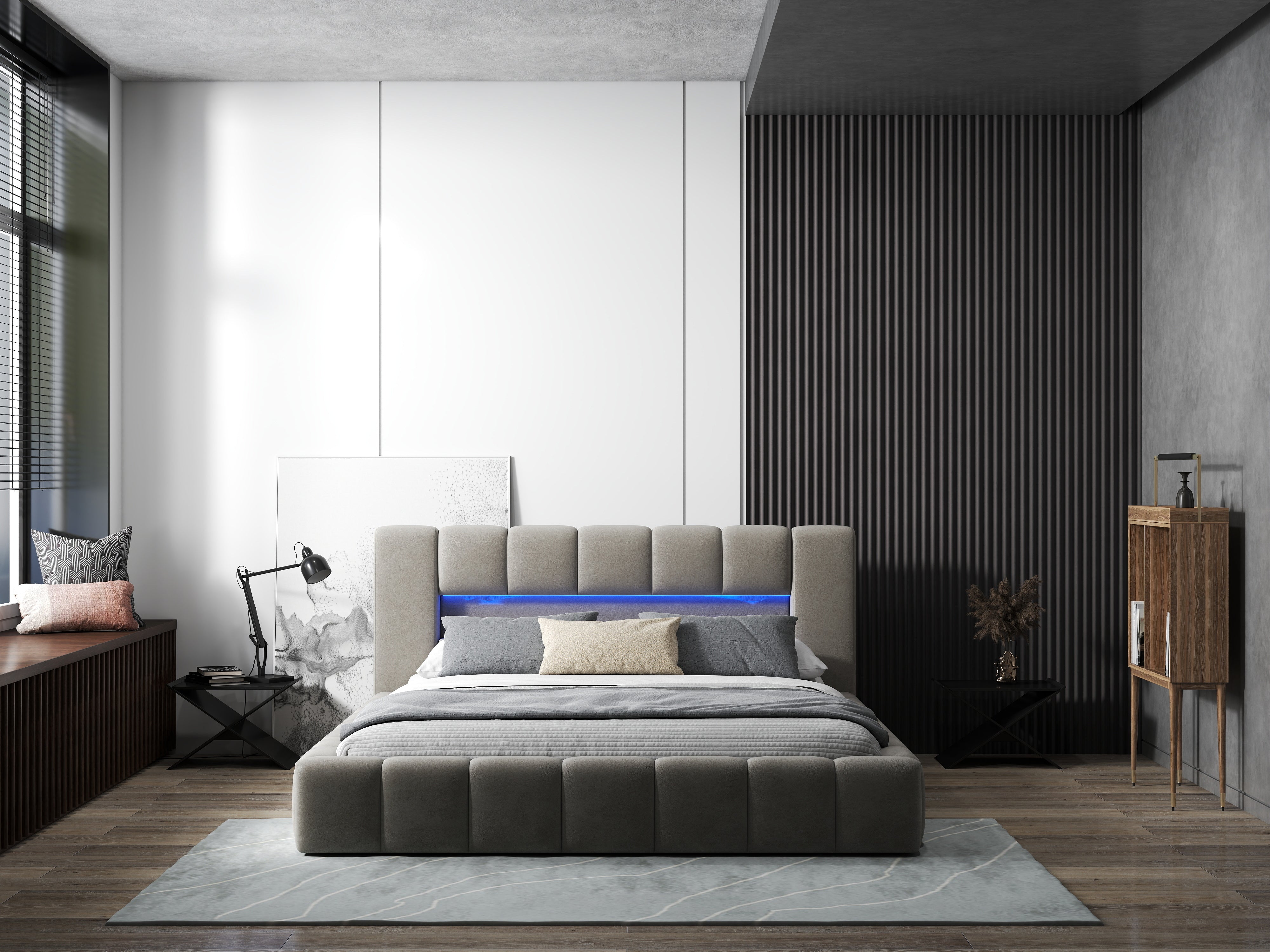 Pat dormitor dumonde, tapitat bej cu LED si USB, Palermo 140x200 cm, somiera rabatabila inclusa, spatiu depozitare WLS