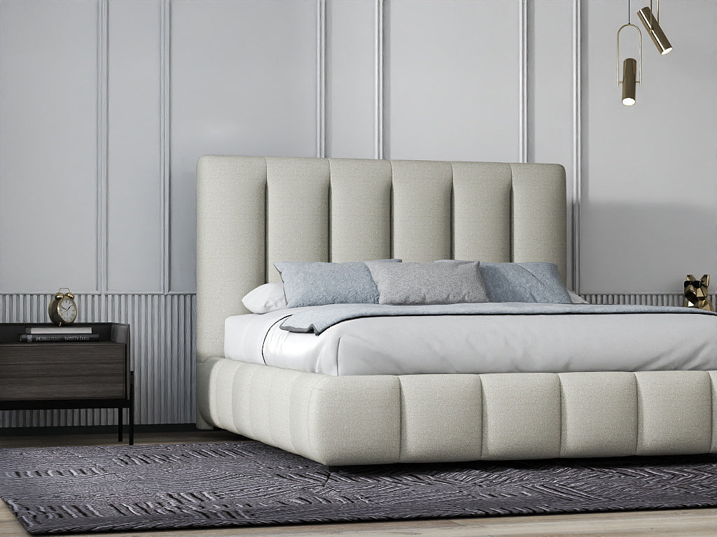 Pat dormitor dumonde, tapitat gri, Divaneo 160x200 cm, somiera rabatabila inclusa, spatiu depozitare WLS