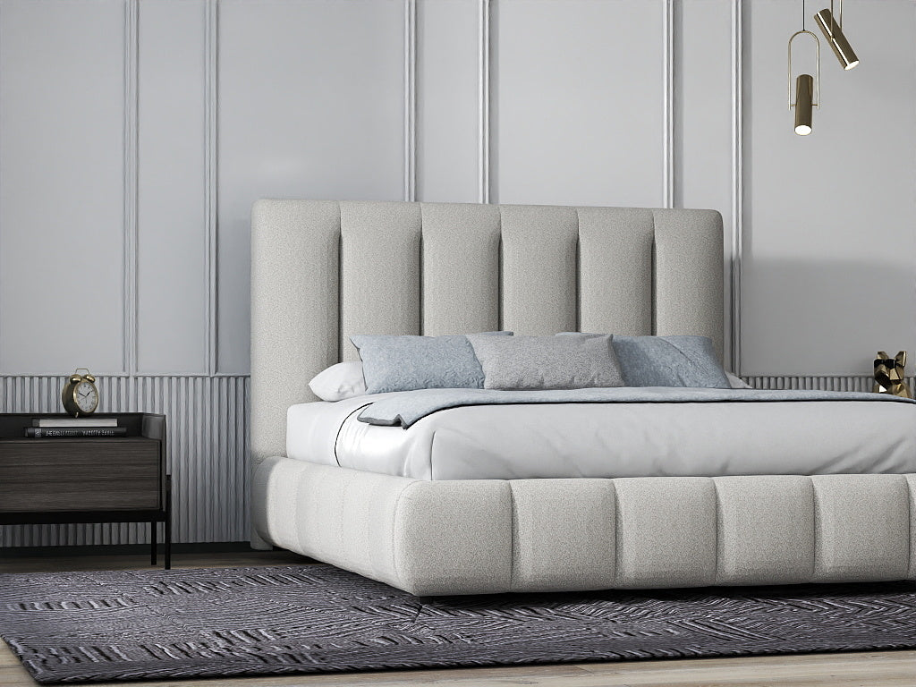 Pat dormitor dumonde, tapitat gri, Divaneo 180x200 cm, somiera rabatabila inclusa, spatiu depozitare WLS