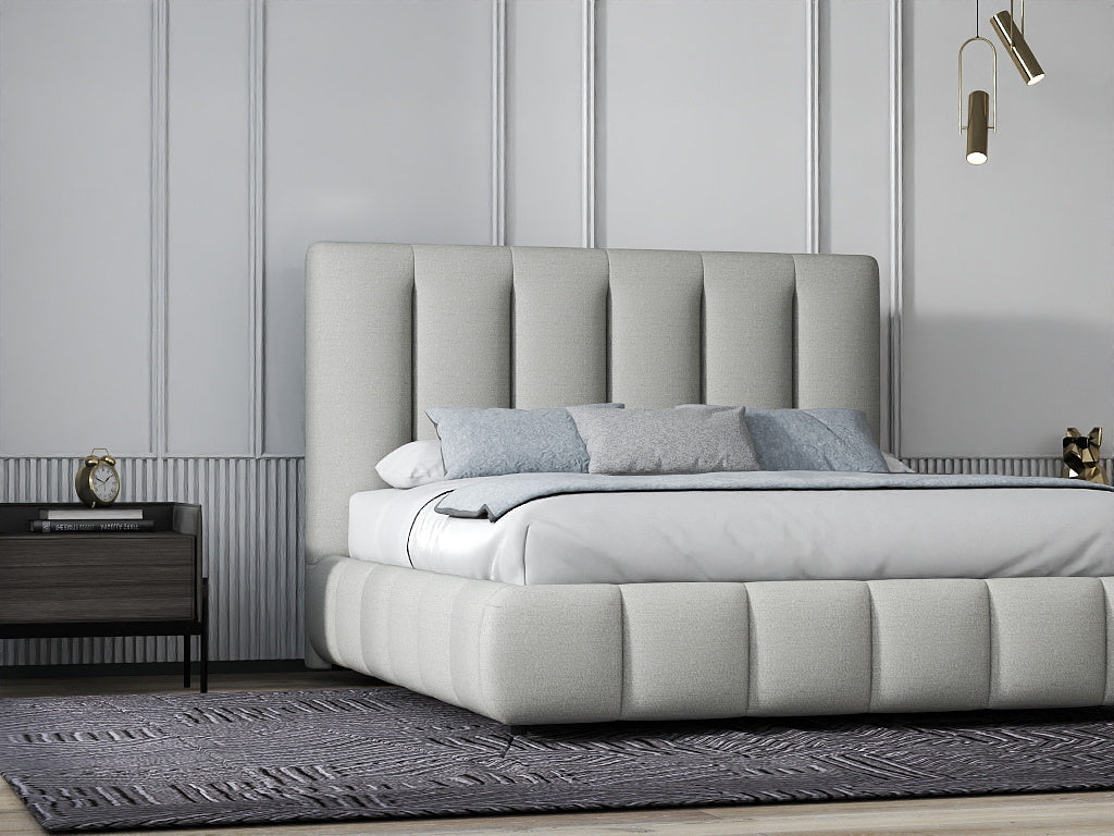 Pat dormitor dumonde, tapitat gri, Divaneo 160x200 cm, somiera rabatabila inclusa, spatiu depozitare WLS