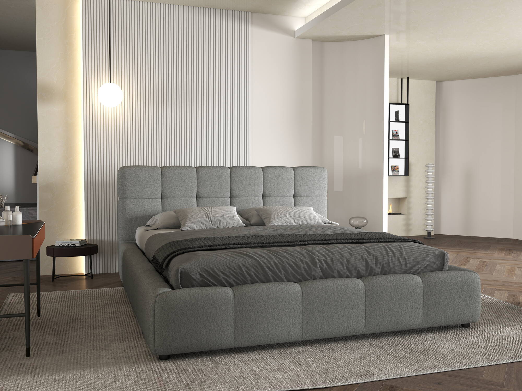 Pat dormitor dumonde, tapitat gri, Lorenzo 180X200 cm, somiera rabatabila inclusa, spatiu depozitare