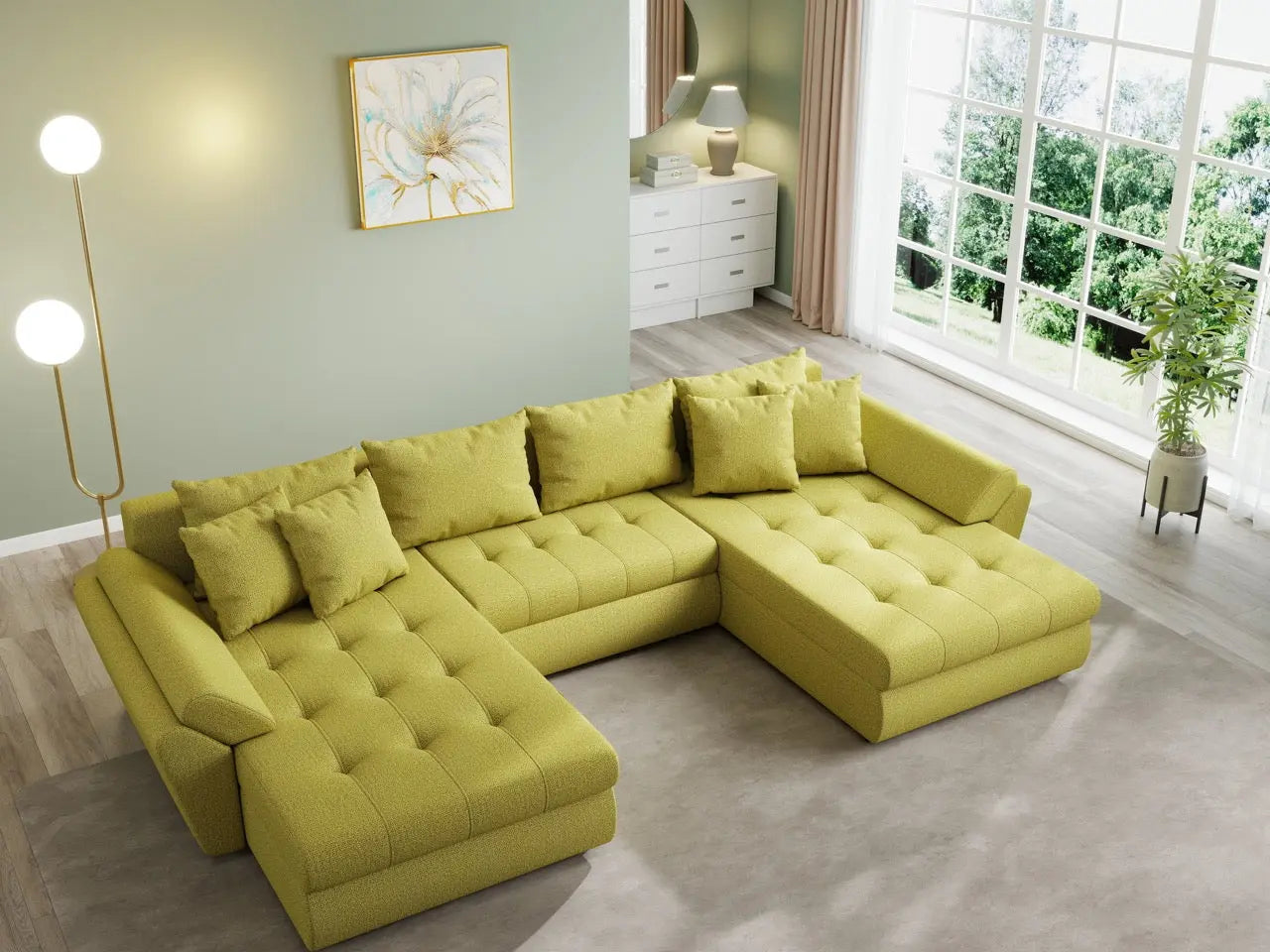 Colțar extensibil dumonde cu ladă de depozitare si sezut confortabil din spuma HR, Loana U Enjoy Green 355x185 cm Fabrica