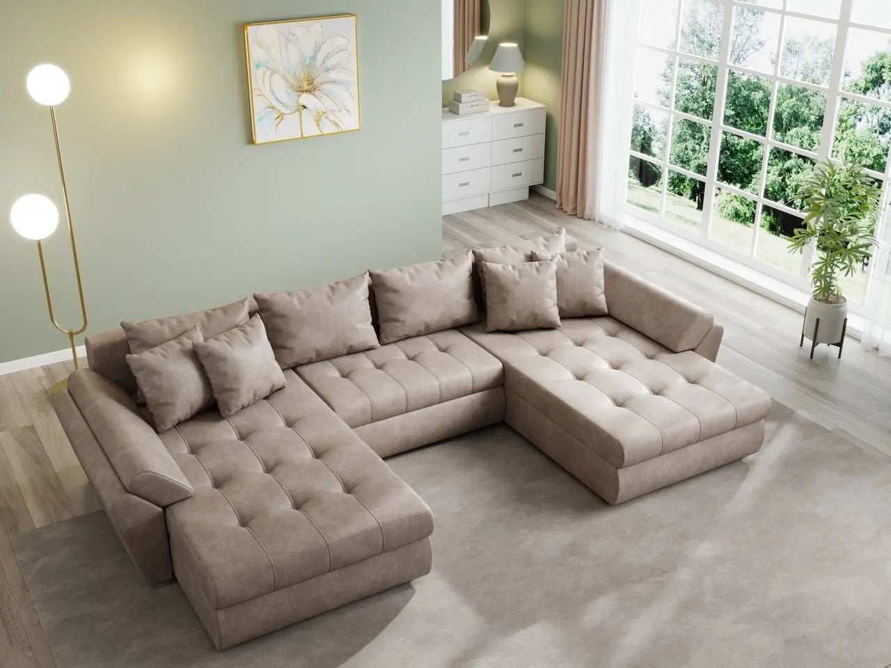 Colțar extensibil dumonde cu ladă de depozitare si sezut confortabil din spuma HR, Loana U Tobago Brown 355x185 cm Fabrica