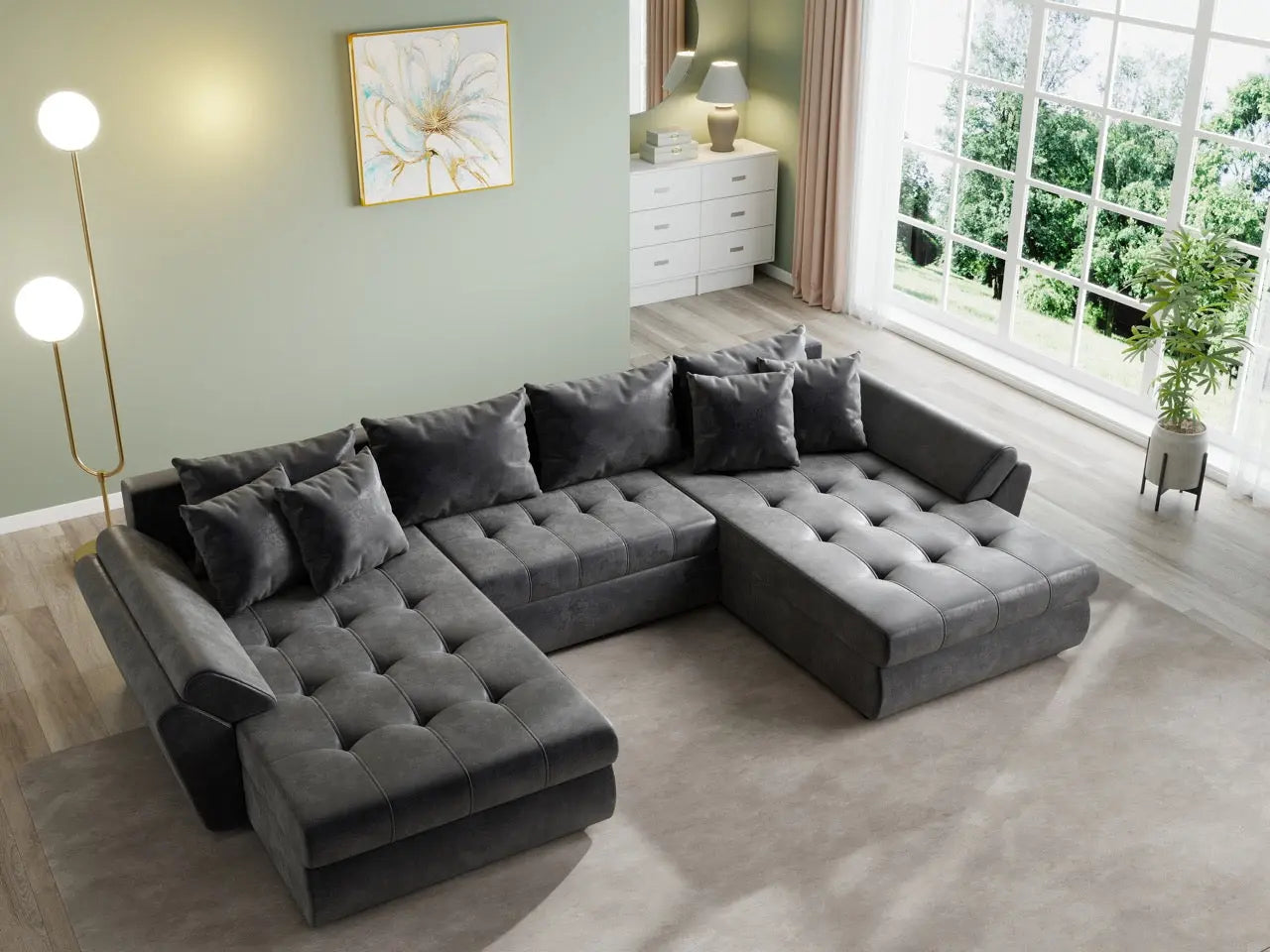 Colțar extensibil dumonde cu ladă de depozitare si sezut confortabil din spuma HR, Loana U Dark Brown 355x185 cm Fabrica