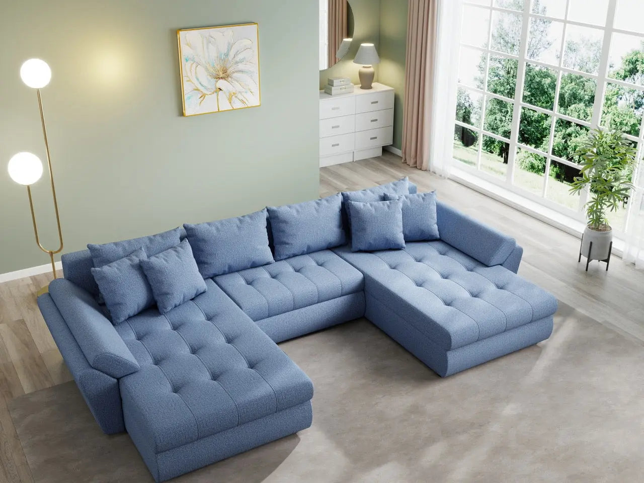 Colțar extensibil dumonde cu ladă de depozitare si sezut confortabil din spuma HR, Loana U Enjoy Blue 355x185 cm Fabrica