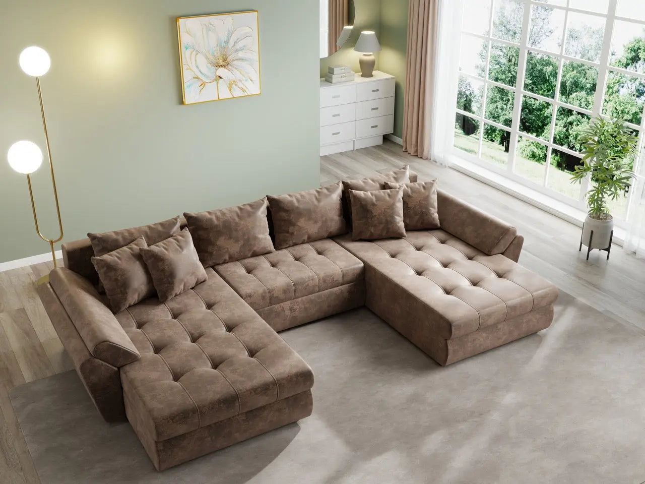 Colțar extensibil dumonde cu ladă de depozitare si sezut confortabil din spuma HR, Loana U Brown 355x185 cm Fabrica