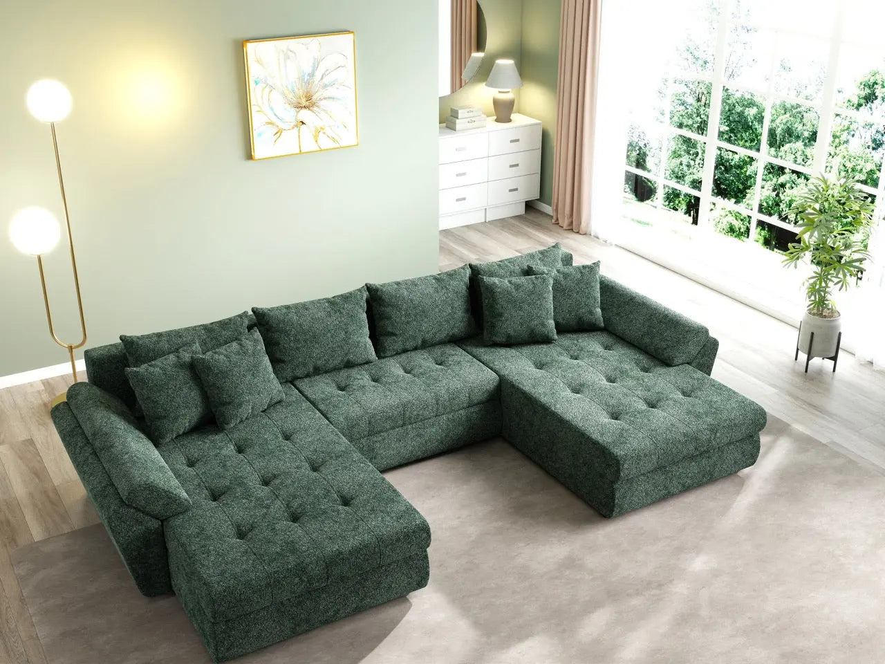 Colțar extensibil dumonde cu ladă de depozitare si sezut confortabil din spuma HR, Loana U Euphoria Green 355x185 cm Fabrica