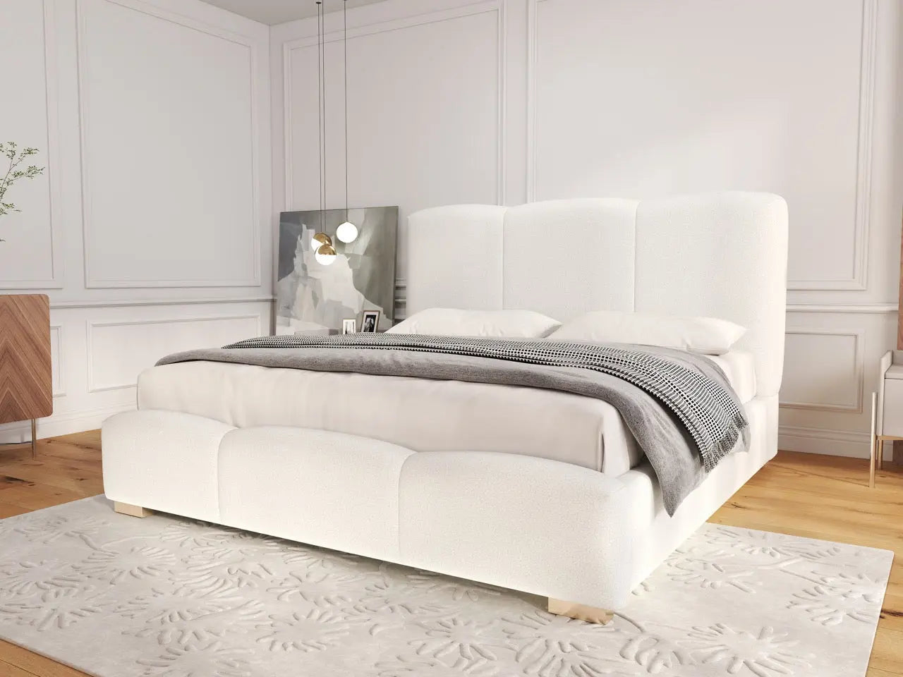Pat dormitor dumonde, tapitat alb, Havana 140x200 cm, somiera rabatabila inclusa, spatiu depozitare WLS