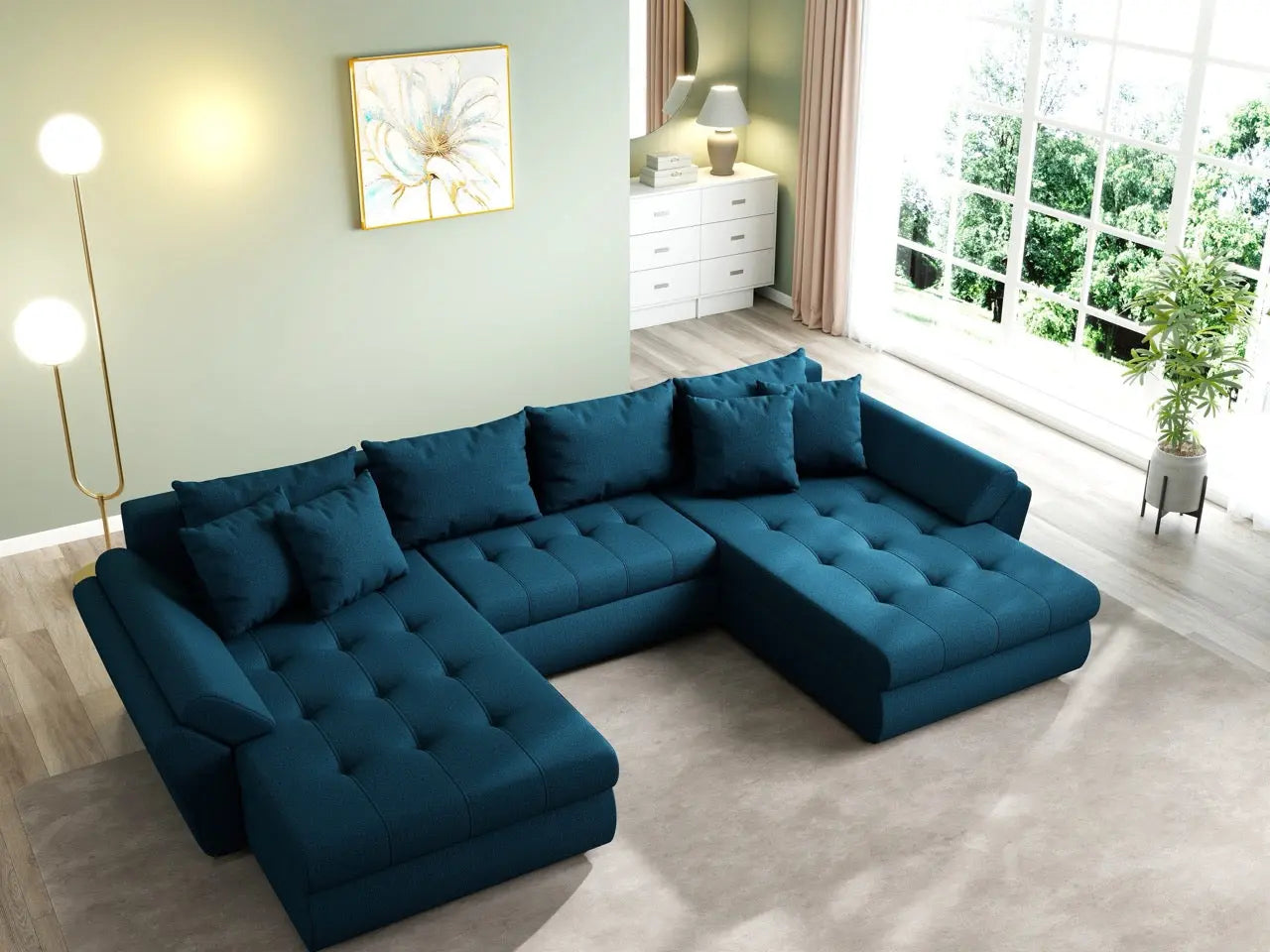 Colțar extensibil dumonde cu ladă de depozitare si sezut confortabil din spuma HR, Loana U Enjoy Petrol 355x185 cm Fabrica