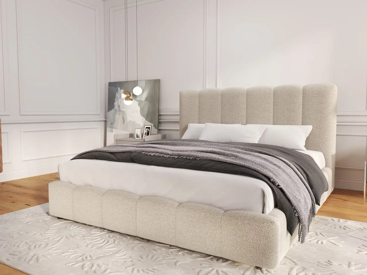 Pat dormitor dumonde, tapitat bej, Milano 180x200 cm, somiera rabatabila inclusa, spatiu depozitare WLS