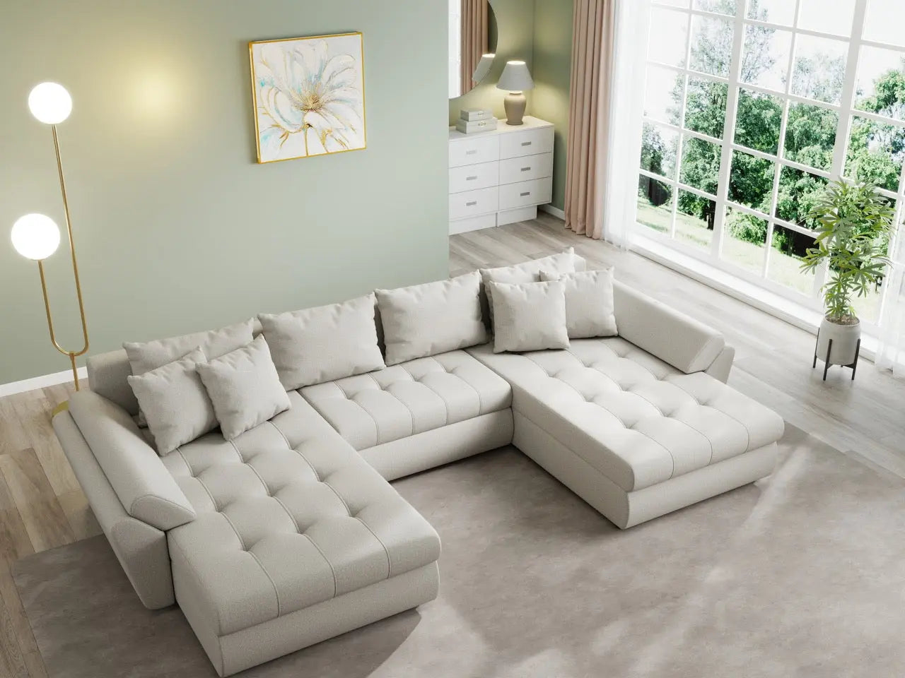 Colțar extensibil dumonde cu ladă de depozitare si sezut confortabil din spuma HR, Loana U Enjoy Bej 355x185 cm Fabrica