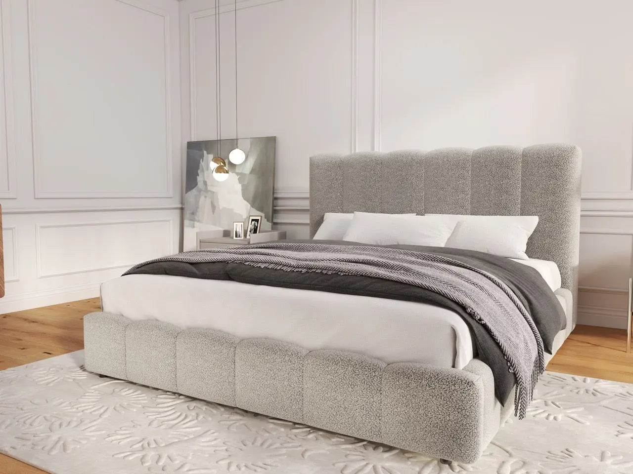 Pat dormitor dumonde, tapitat gri, Milano 140x200 cm, somiera rabatabila inclusa, spatiu depozitare WLS