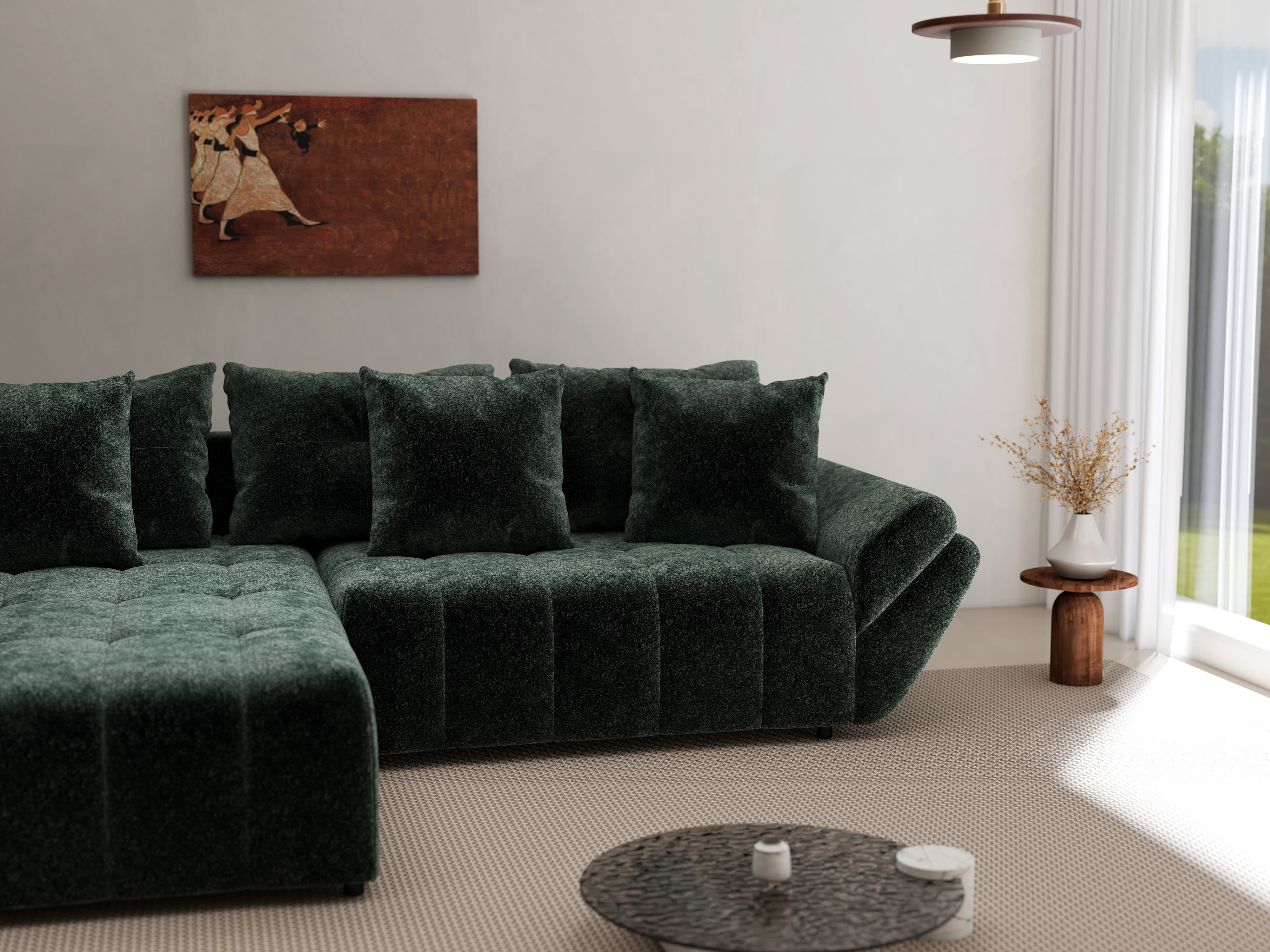 Colțar extensibil dumonde cu ladă de depozitare si sezut confortabil din spuma HR, Berlin Euphoria Verde 280x185 cm Fabrica