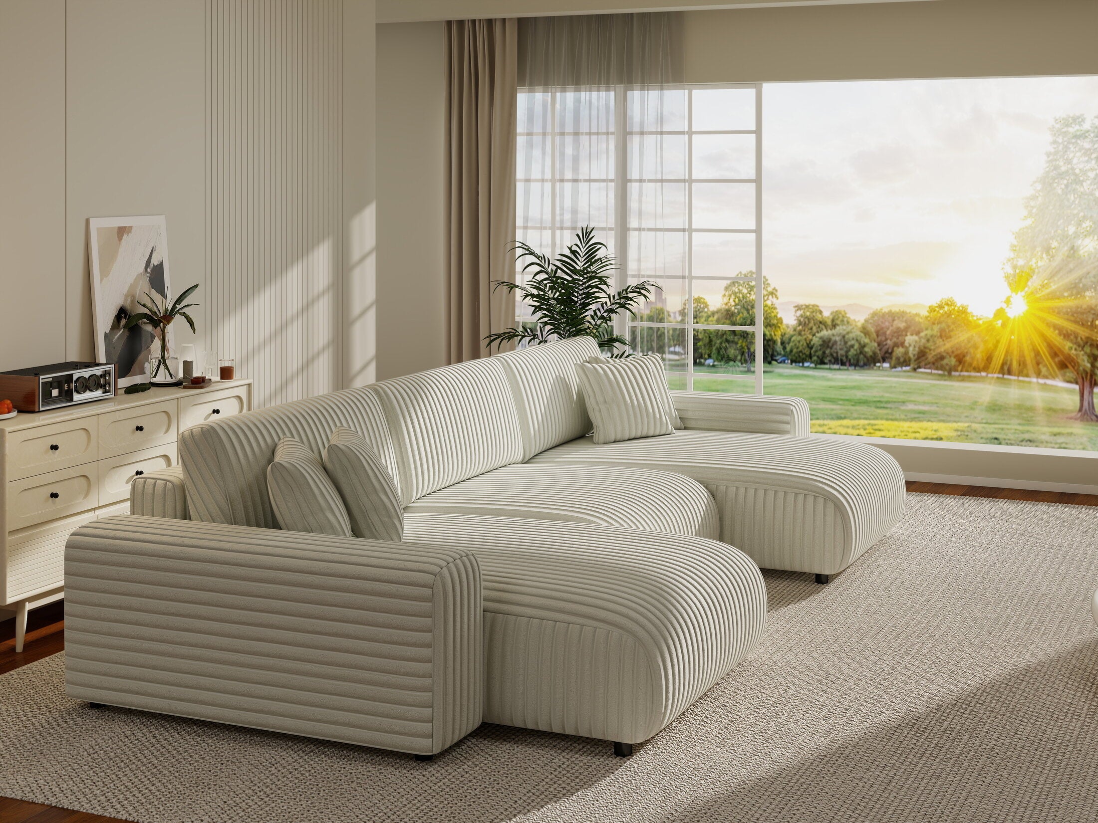 Colțar extensibil dumonde cu ladă de depozitare si sezut confortabil din spuma HR, Sarina U Ambience Alb 350x168 cm