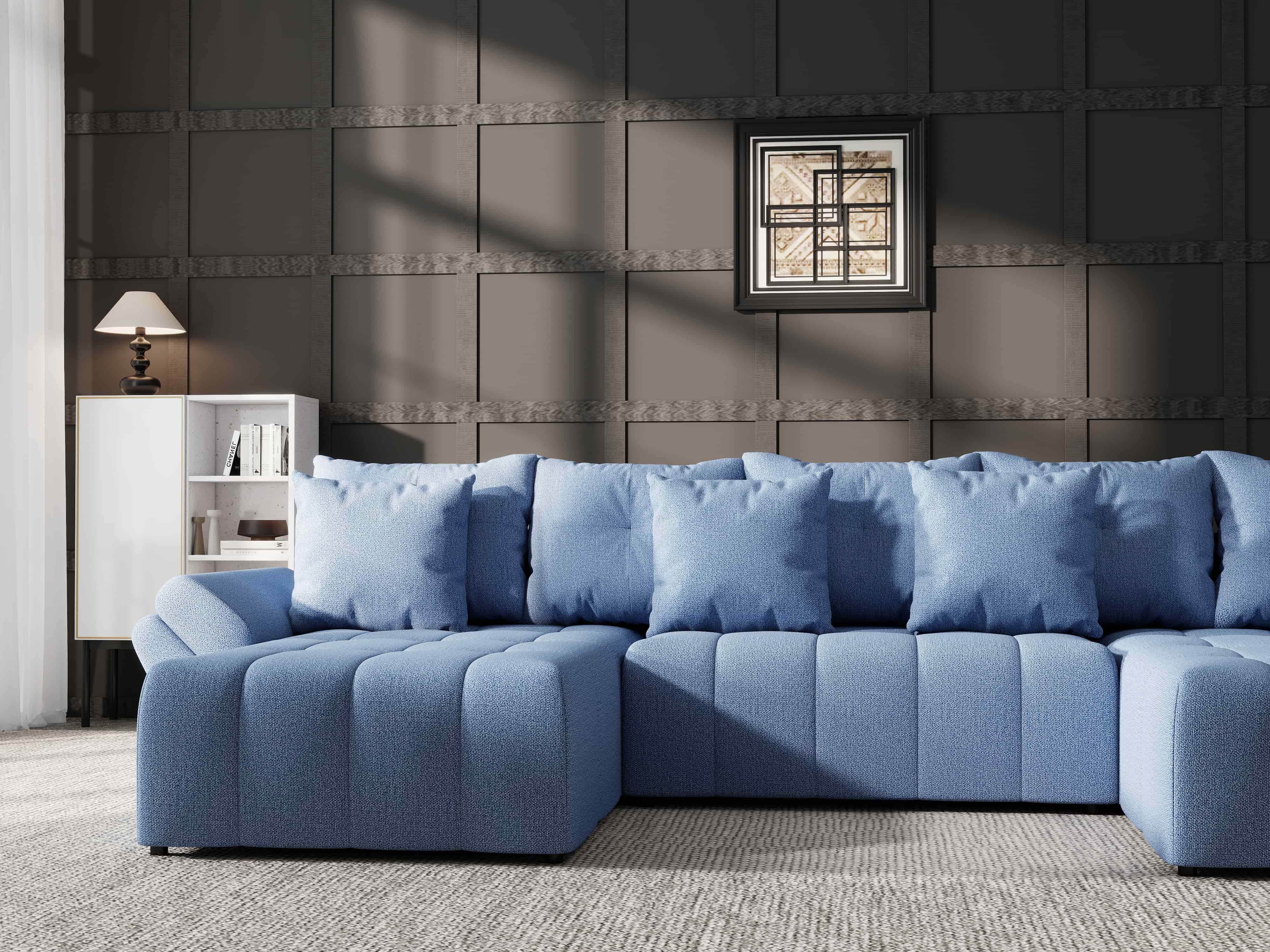 Colțar extensibil dumonde cu ladă de depozitare si sezut confortabil din spuma HR, Berlin U Enjoy Blue 380x180 cm Fabrica