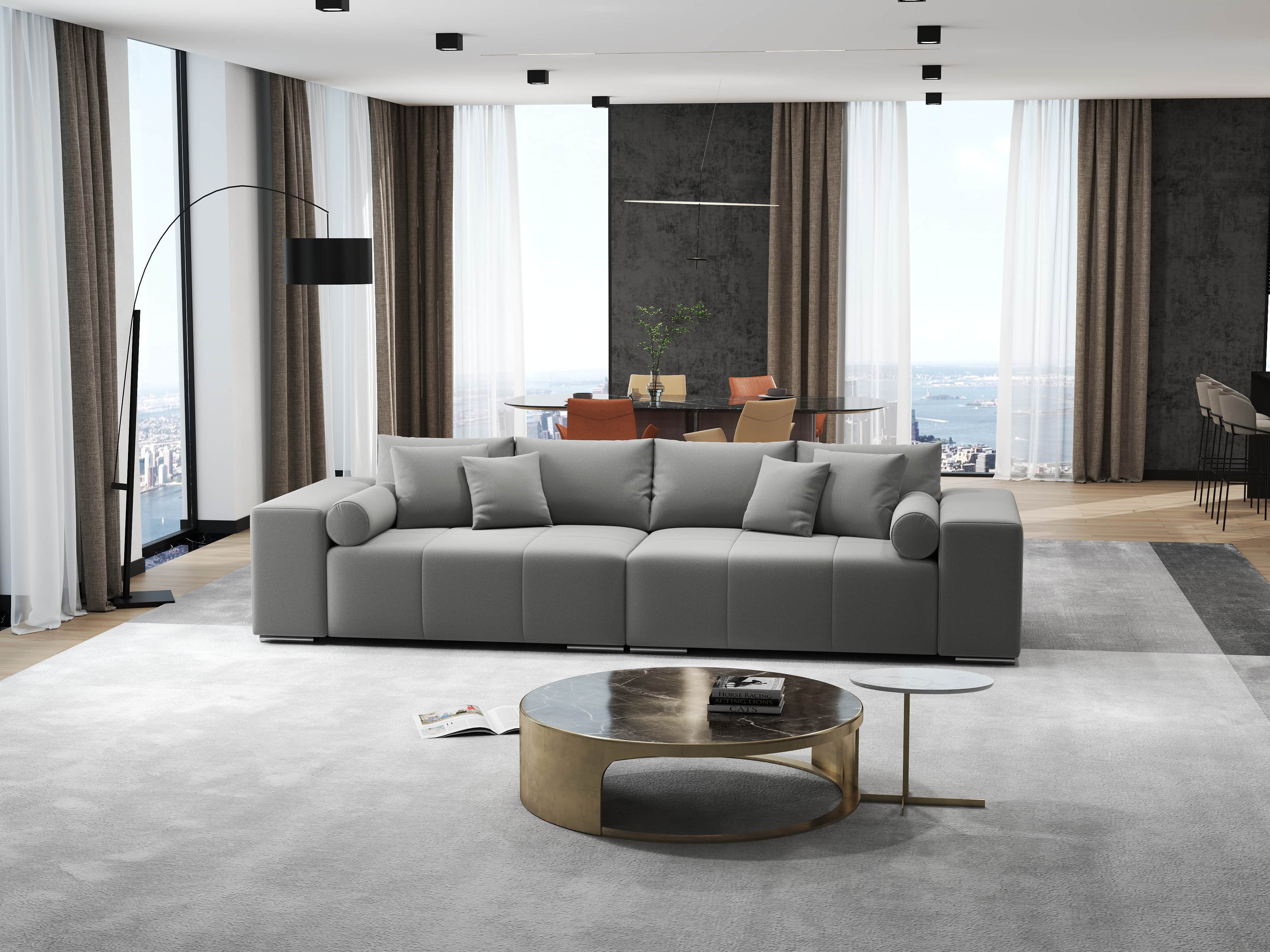 Canapea extensibilă dumonde cu ladă de depozitare si sezut confortabil din spuma HR, Marbela Royal Gri XXL 295x100 cm fabrica