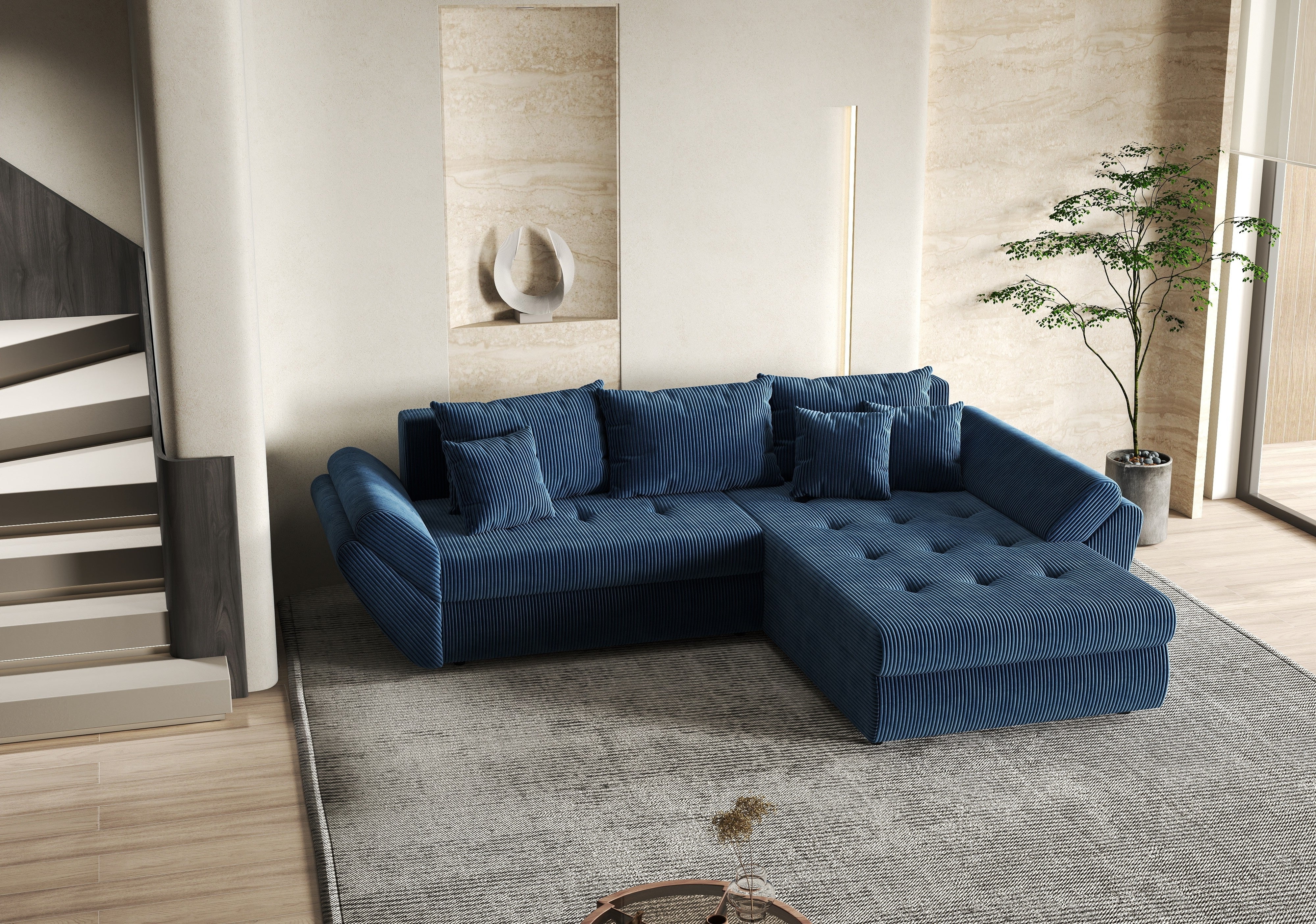Colțar extensibil dumonde cu ladă de depozitare si sezut confortabil din spuma HR, Loana Zoom Blue II 270x185 cm Fabrica