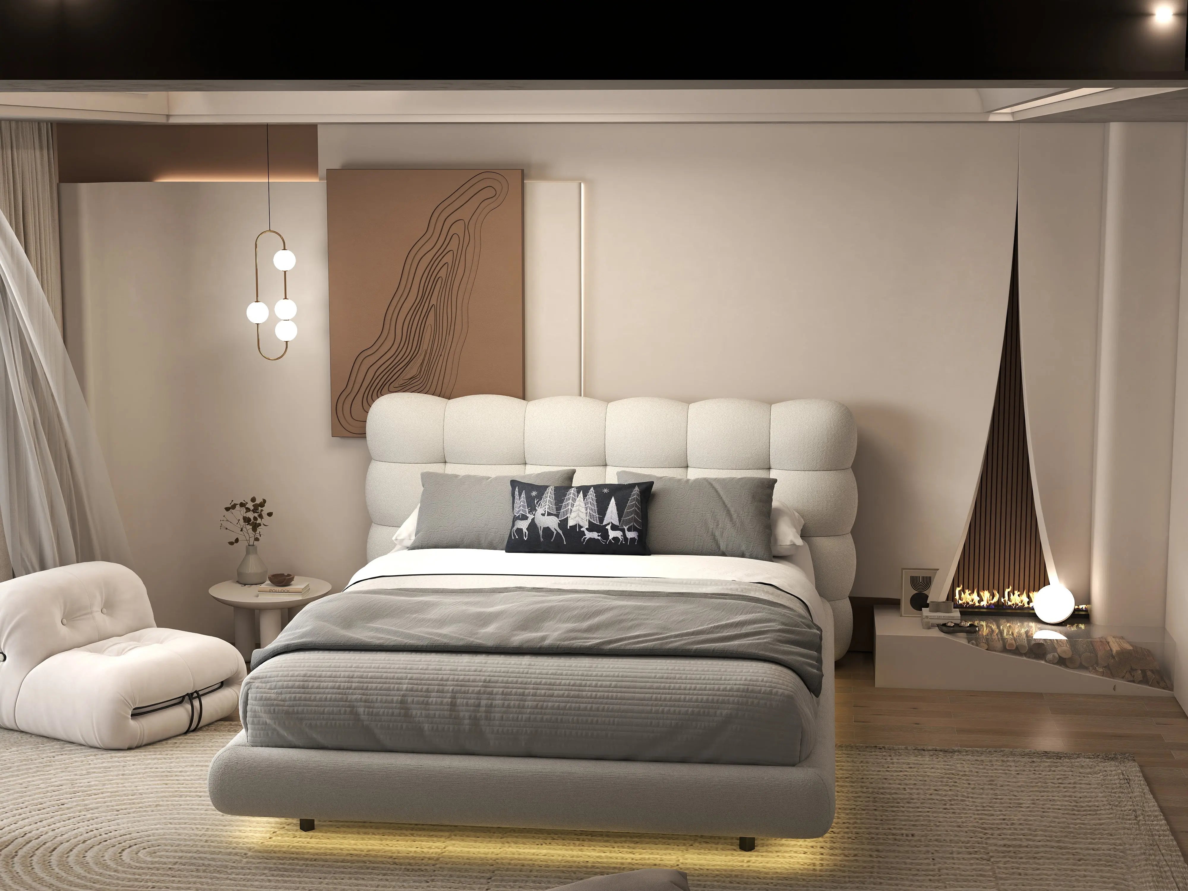 Pat dormitor dumonde, tapitat alb cu LED, "floating bed" Cloud 140x200 cm, somiera inclusa WLS