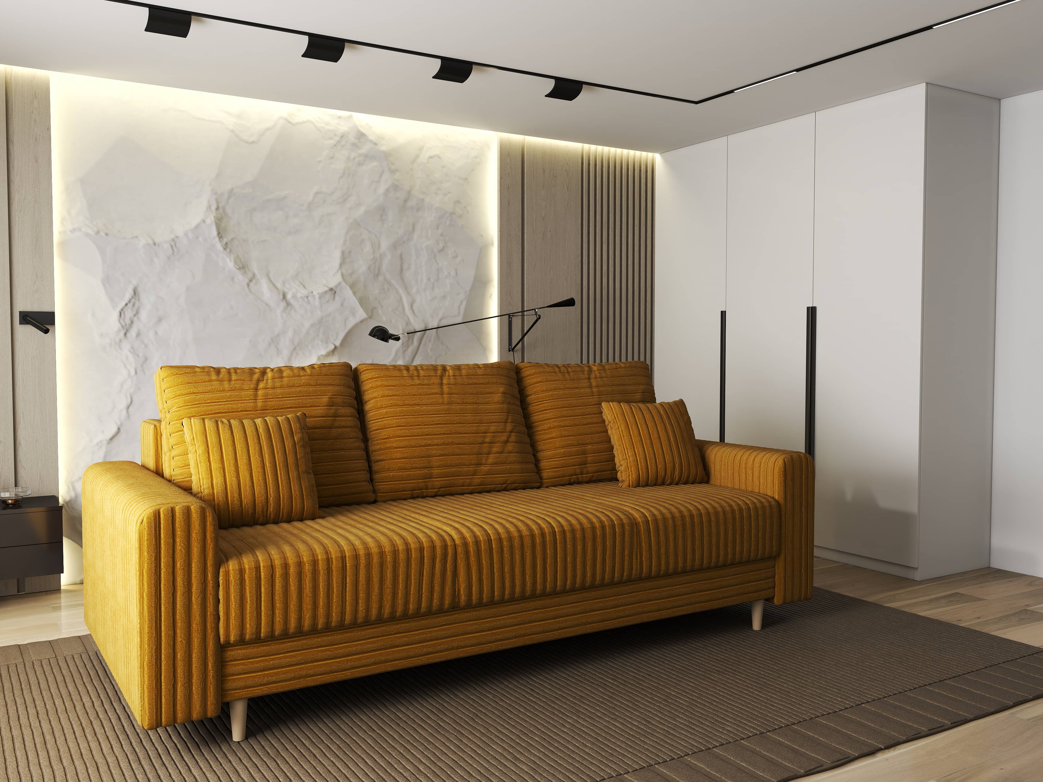 Canapea extensibilă dumonde cu ladă de depozitare si sezut confortabil din spuma HR, Kronos Ambience Mustar 210x100 cm fabrica