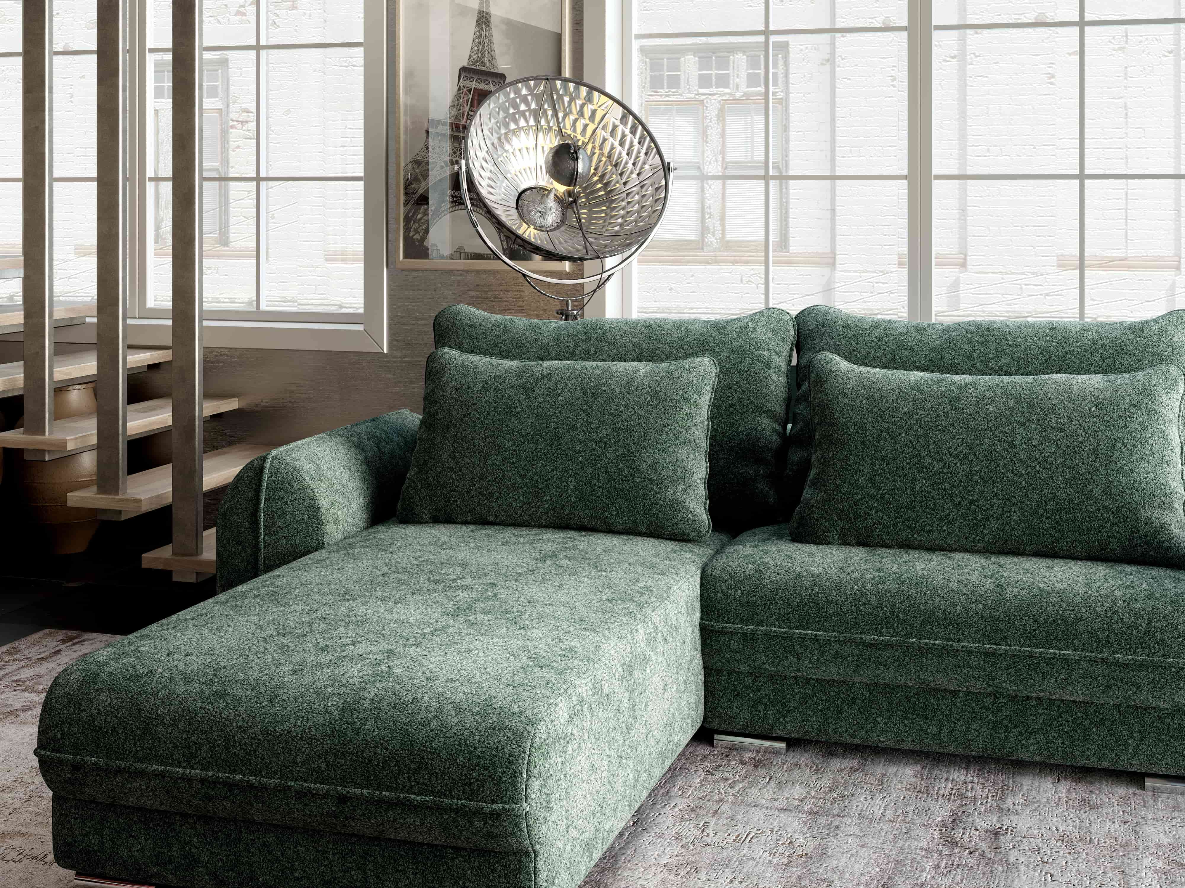 Colțar extensibil dumonde cu ladă de depozitare si sezut confortabil din spuma HR, Denver Euphoria Verde 275x185 cm Fabrica
