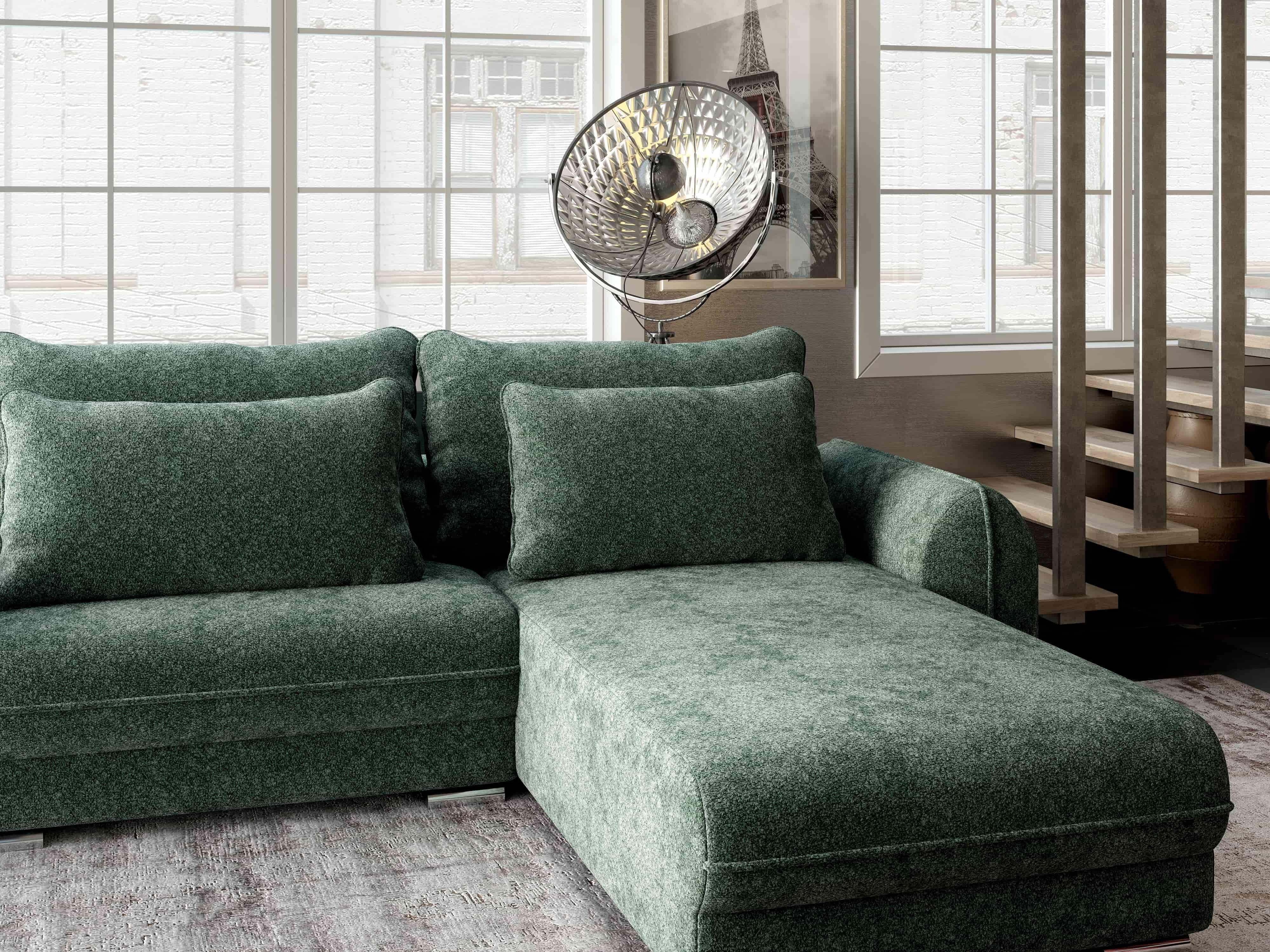 Colțar extensibil dumonde cu ladă de depozitare si sezut confortabil din spuma HR, Denver Euphoria Verde 275x185 cm II Fabrica