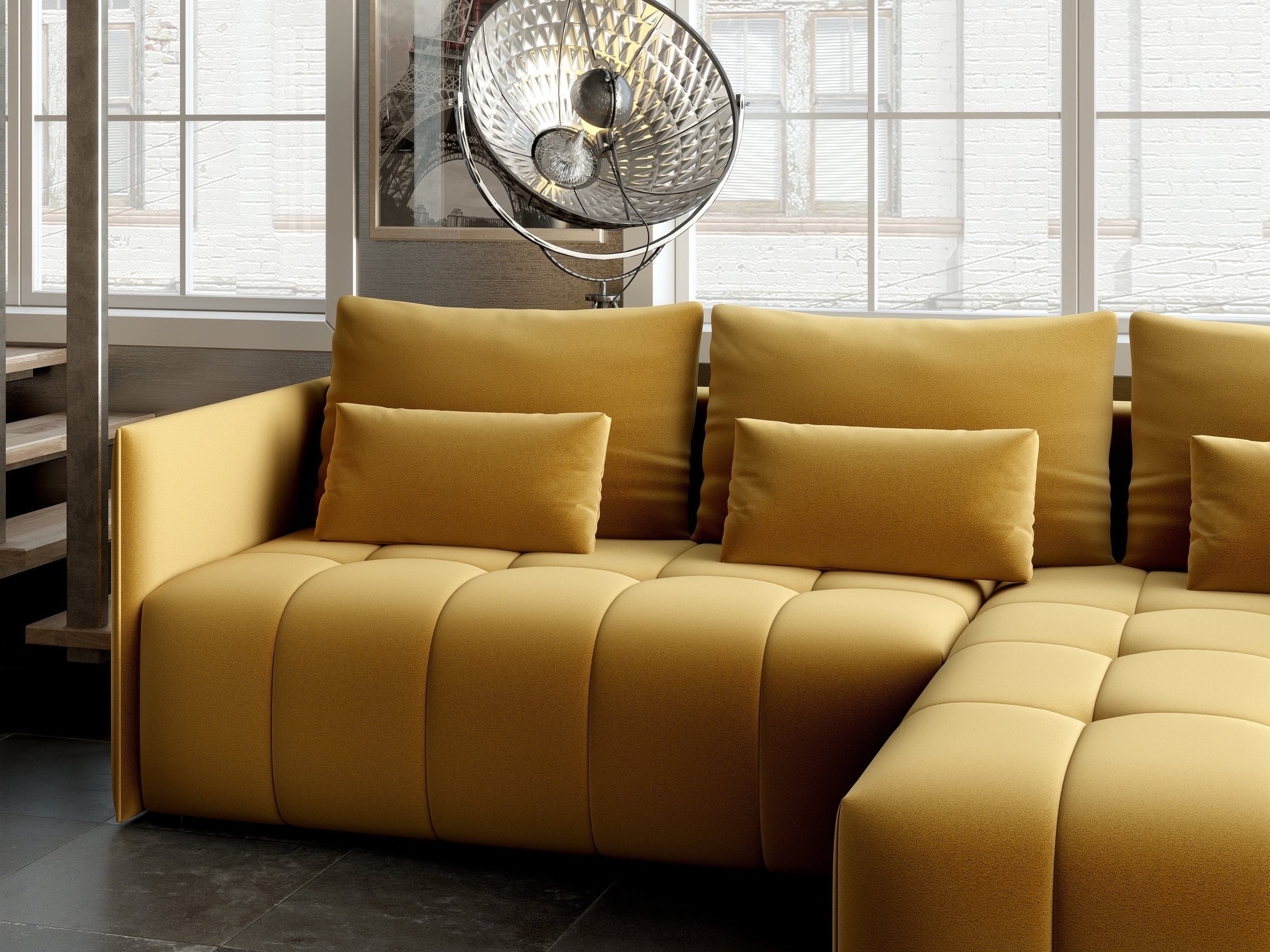 Colțar extensibil dumonde cu ladă de depozitare si sezut confortabil din spuma HR, Malta Royal Muștar II 235x185 cm Fabrica