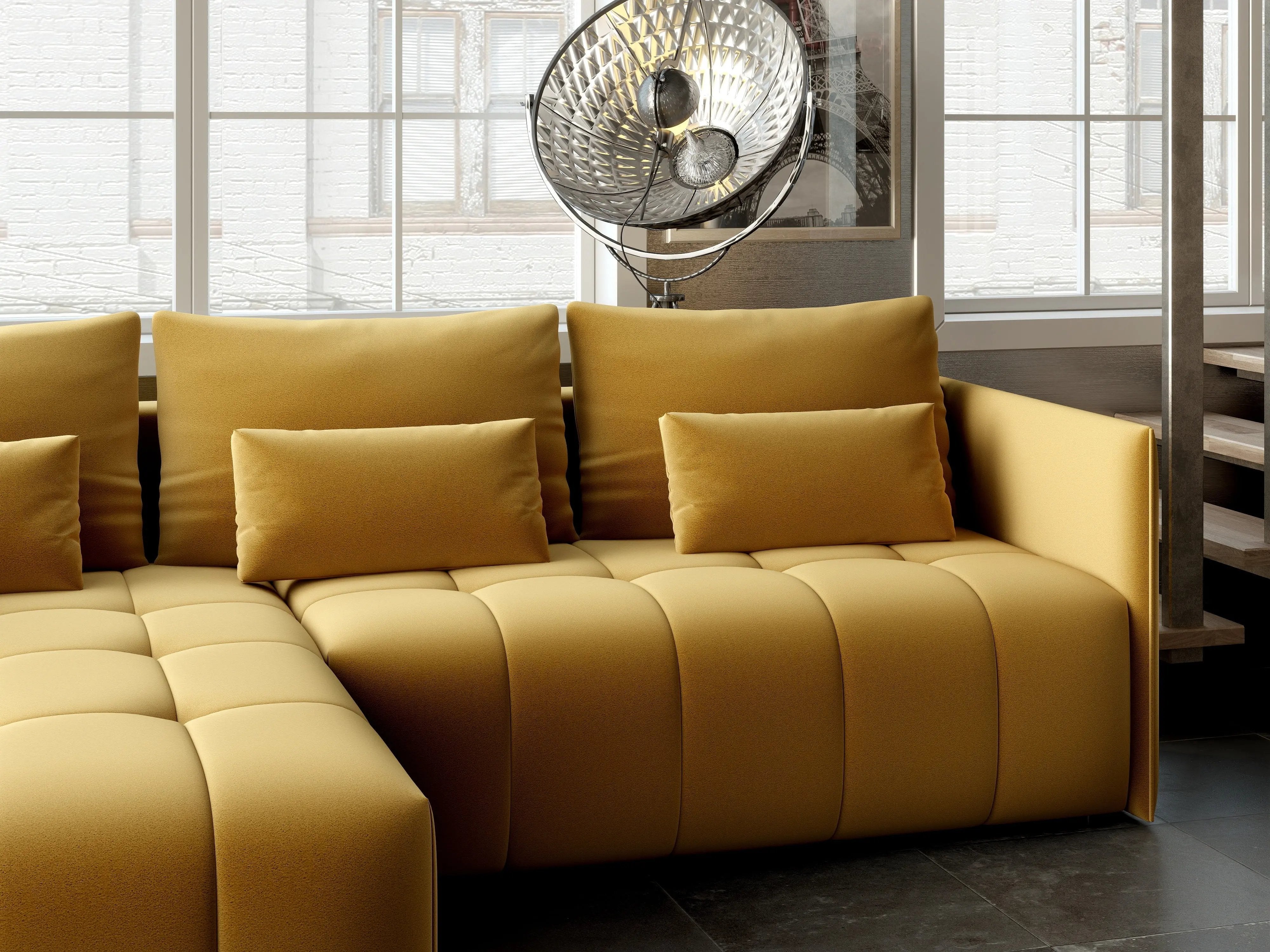 Colțar extensibil dumonde cu ladă de depozitare si sezut confortabil din spuma HR, Malta Royal Muștar 235x185 cm Fabrica