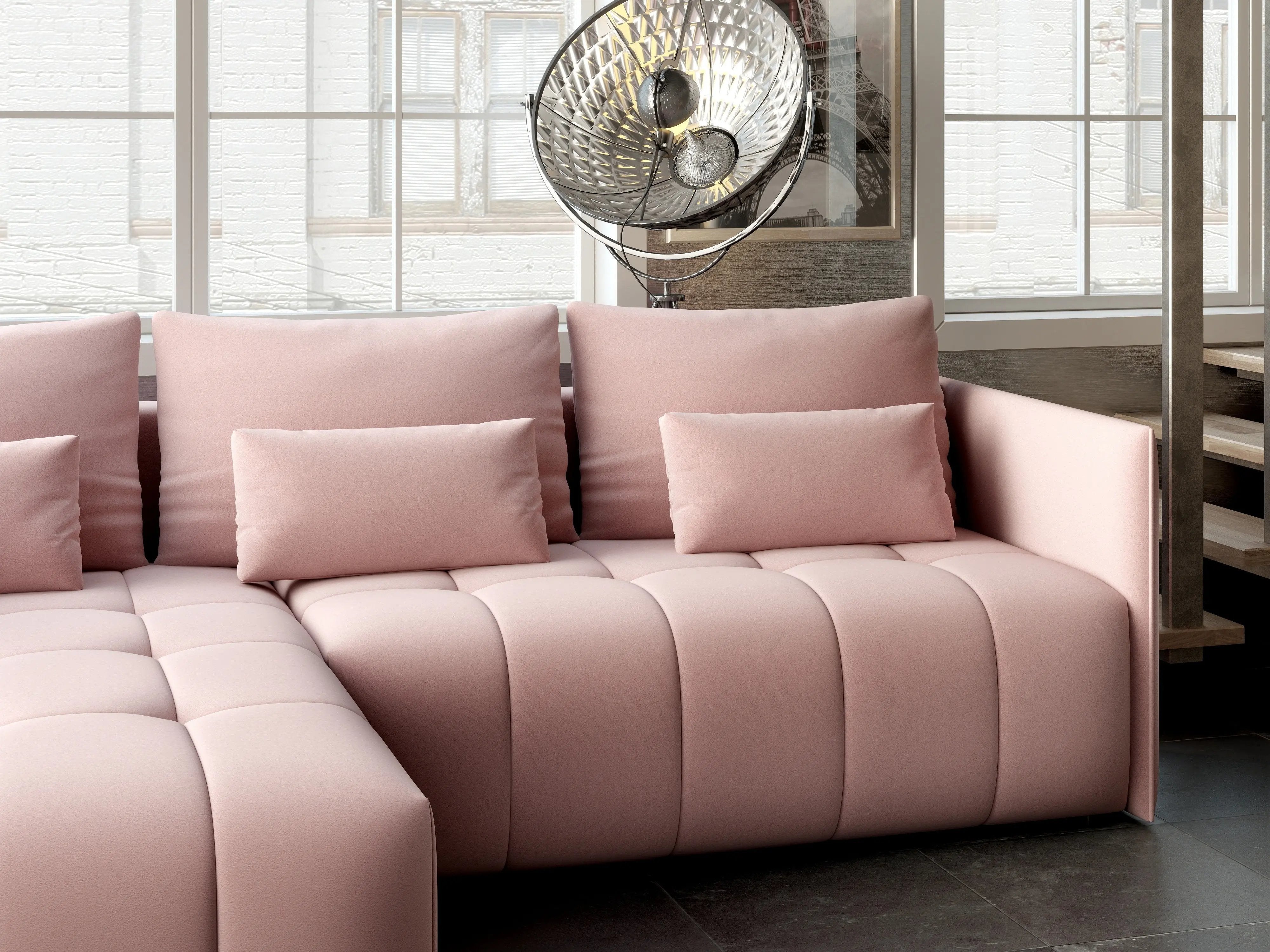 Colțar extensibil dumonde cu ladă de depozitare si sezut confortabil din spuma HR, Malta Royal Roz 235x185 cm Fabrica