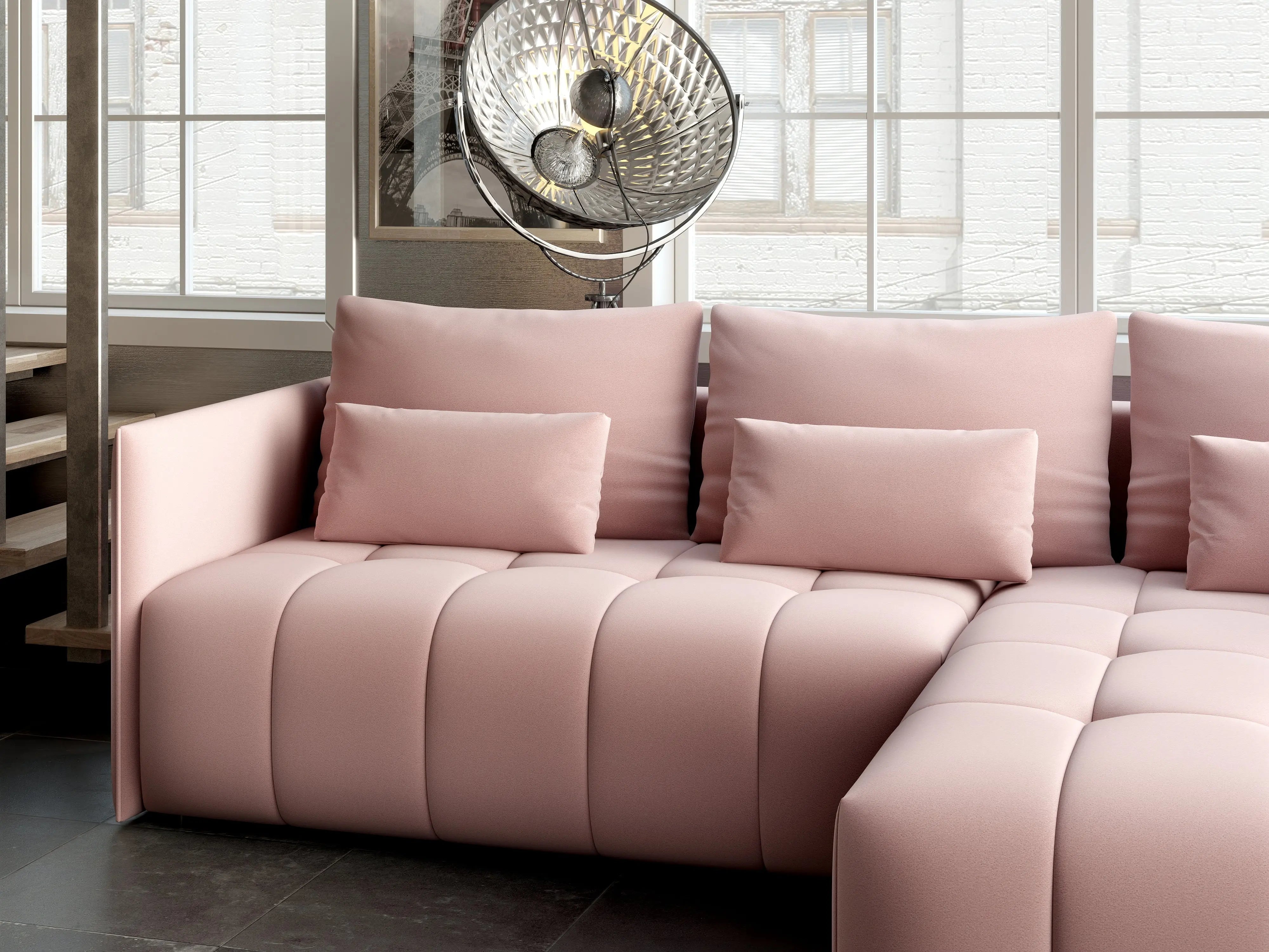 Colțar extensibil dumonde cu ladă de depozitare si sezut confortabil din spuma HR, Malta Roz Pudrat II 235x185 cm Fabrica