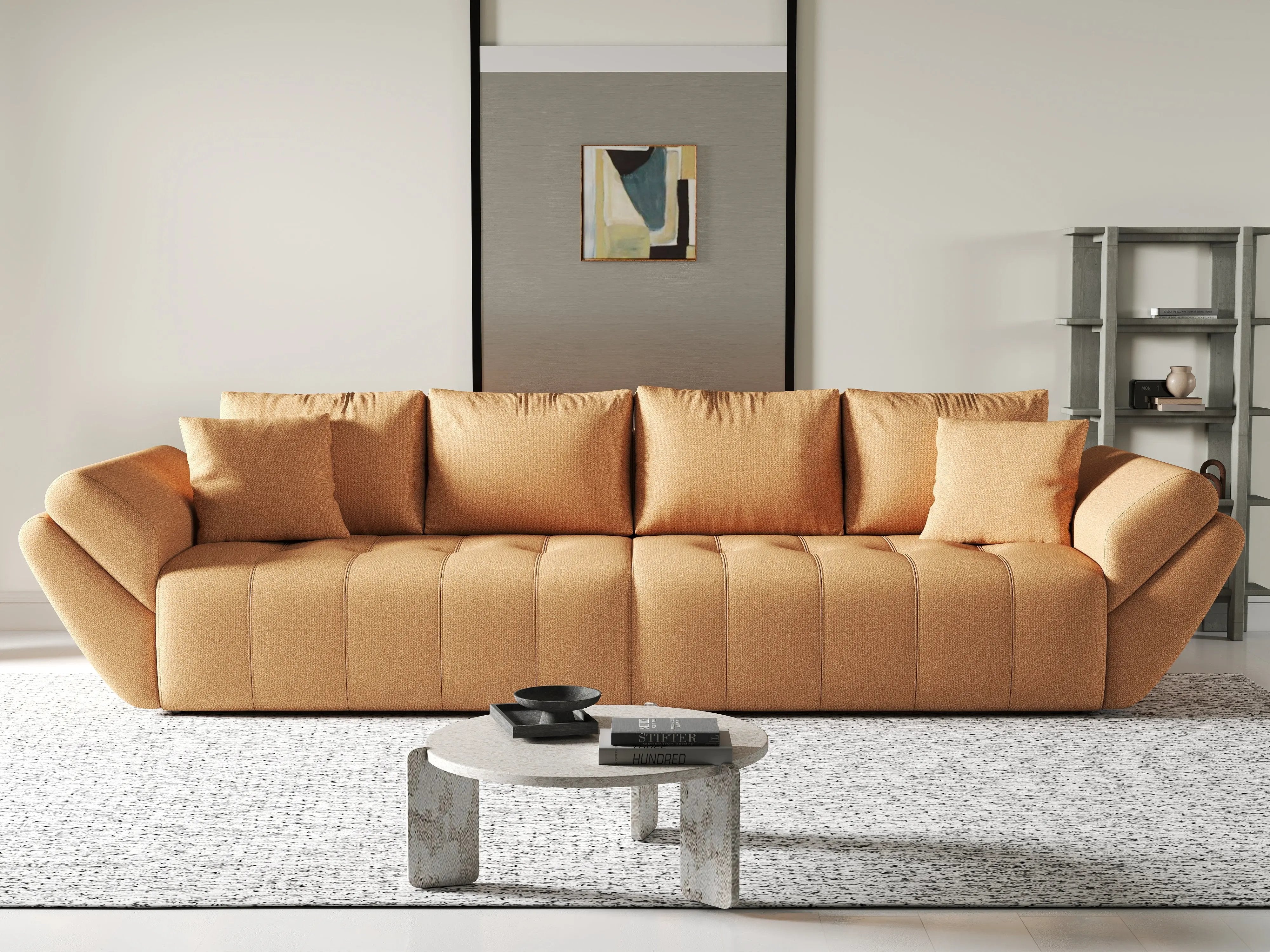 Canapea extensibilă dumonde cu ladă de depozitare si sezut confortabil din spuma HR, Berlin Enjoy Mango 300x100 cm Fabrica