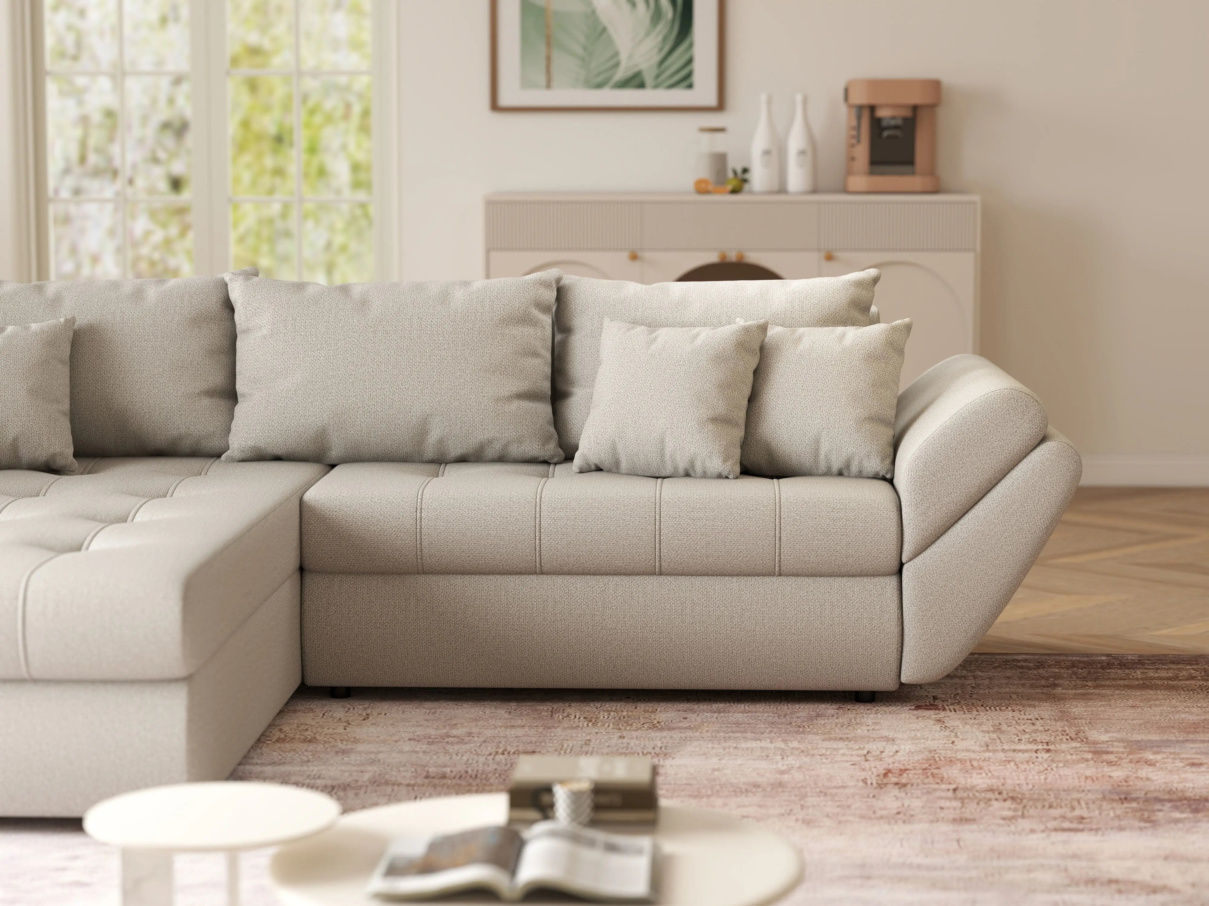 Colțar extensibil dumonde cu ladă de depozitare si sezut confortabil din spuma HR, Loana Bej 270x185 cm Fabrica