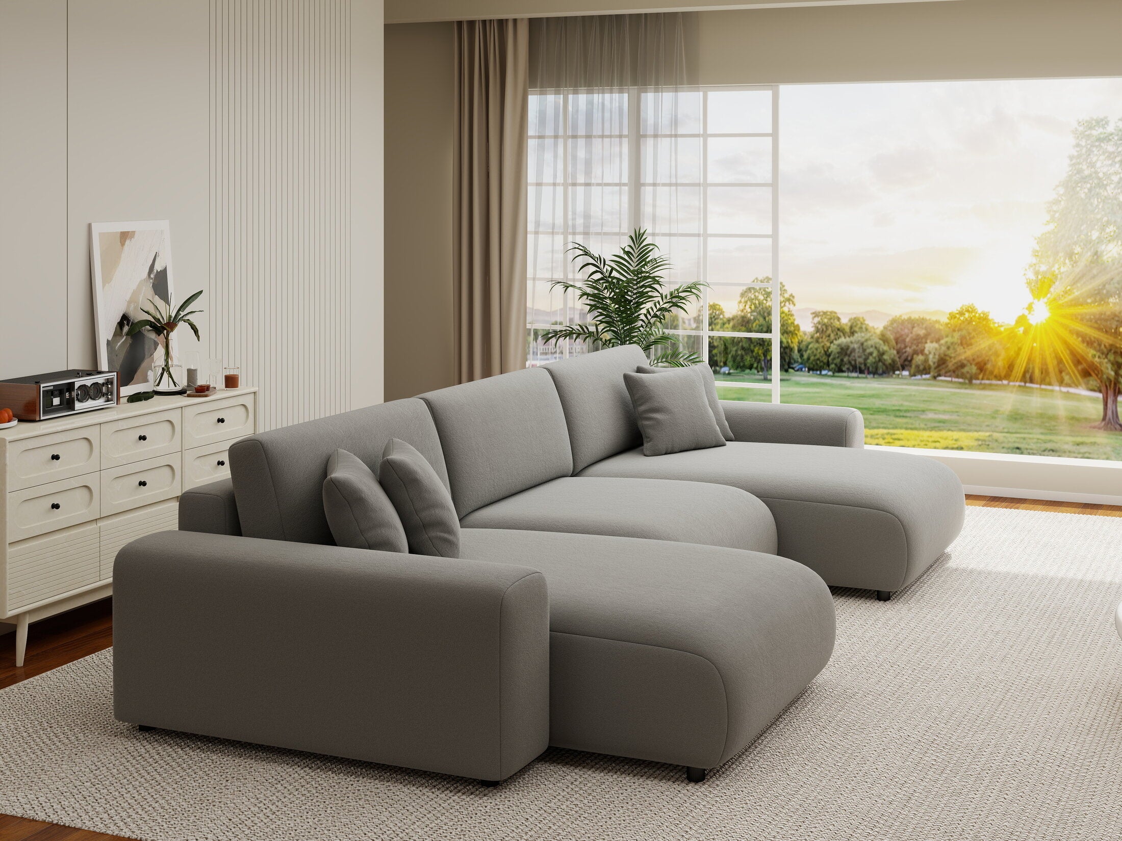 Colțar extensibil dumonde cu ladă de depozitare si sezut confortabil din spuma HR, Sarina U Royal Gri 350x168 cm